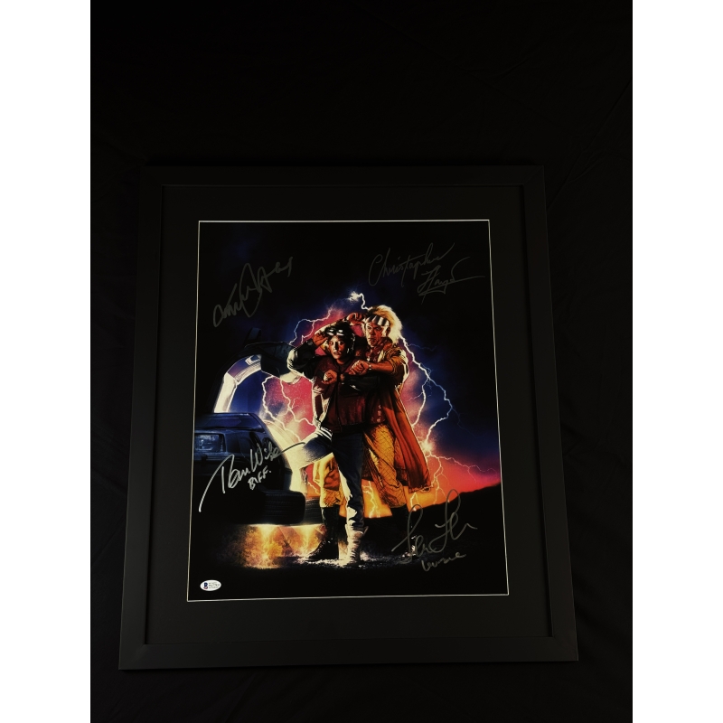 Michael J. Fox, Christopher Lloyd, Lea Thompson e Tom Wilson Autógrafos em Quadro - "De Volta para o Futuro".