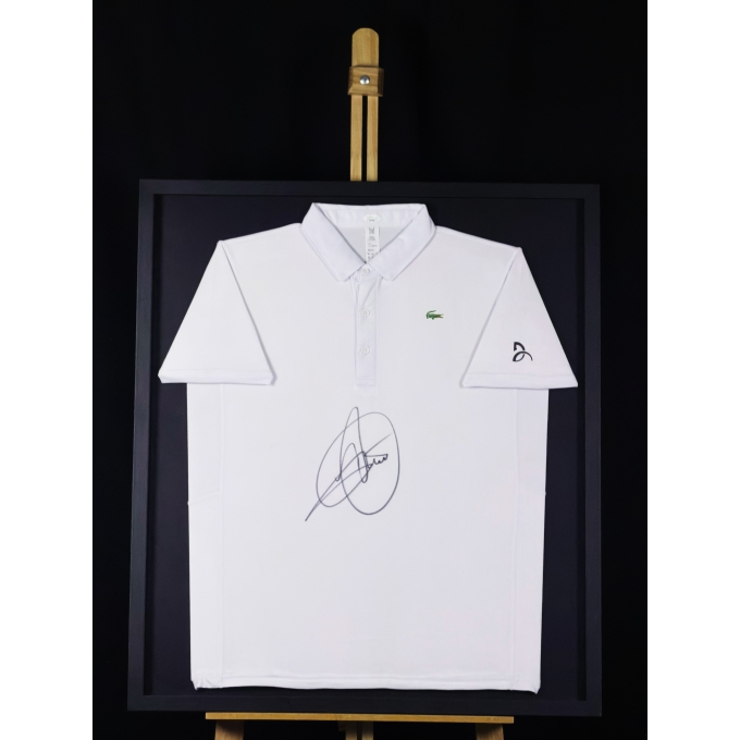NOVAK DJOKOVIC AUTÓGRAFO - CAMISA LACOSTE BRANCA - ENQUADRADA