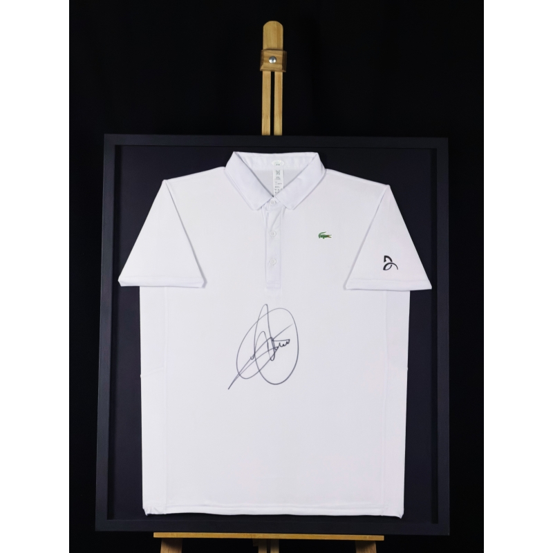 NOVAK DJOKOVIC AUTÓGRAFO - CAMISA LACOSTE BRANCA - ENQUADRADA