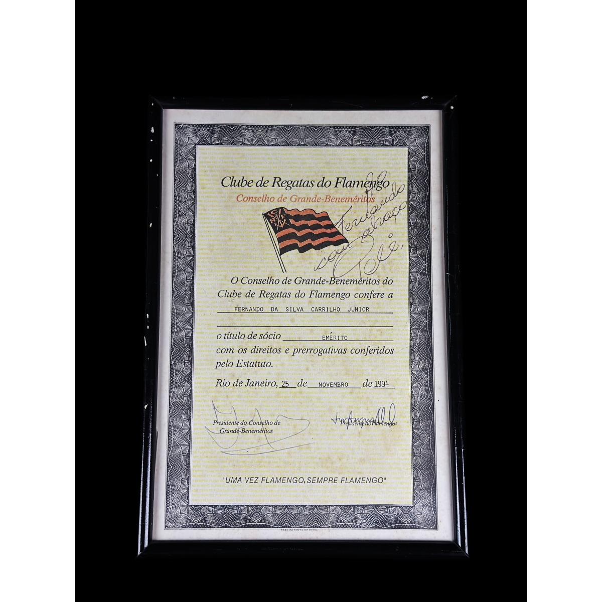 PELÉ AUTÓGRAFO – CERTIFICADO DE SÓCIO EMÉRITO DO FLAMENGO