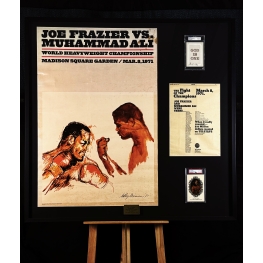 Joe Frazier vs Muhammad Ali autógrafos enquadrados em pôster da luta de 8 de Março de 1971.