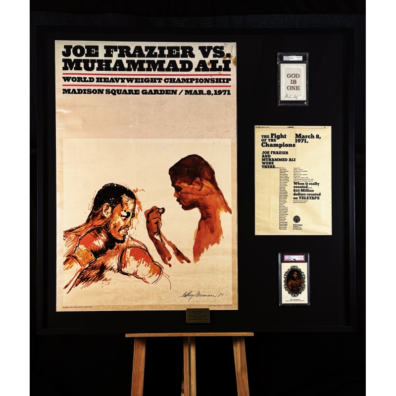 Joe Frazier vs Muhammad Ali autógrafos enquadrados em pôster da luta de 8 de Março de 1971.