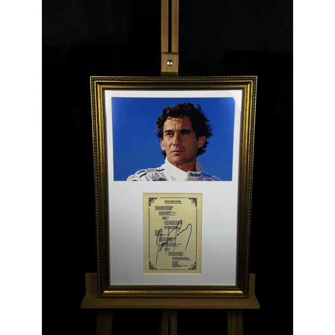 Ayrton Senna Autógrafo na reprodução impressa do Hino Nacional, Emoldurada.