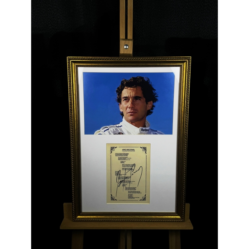 Ayrton Senna Autógrafo na reprodução impressa do Hino Nacional, Emoldurada.