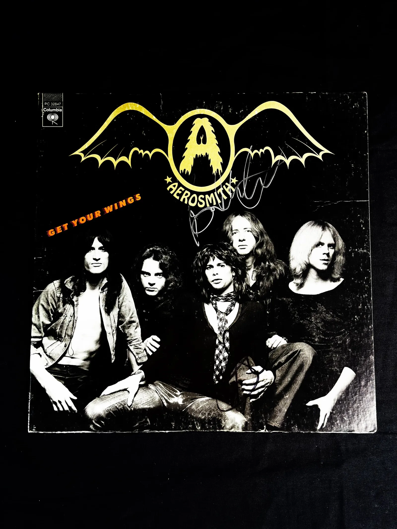 Steven Tyler & Brad Whitford autógrafos – capa do vinil "Get Your Wings", Steven Tyler e Brad Whitford