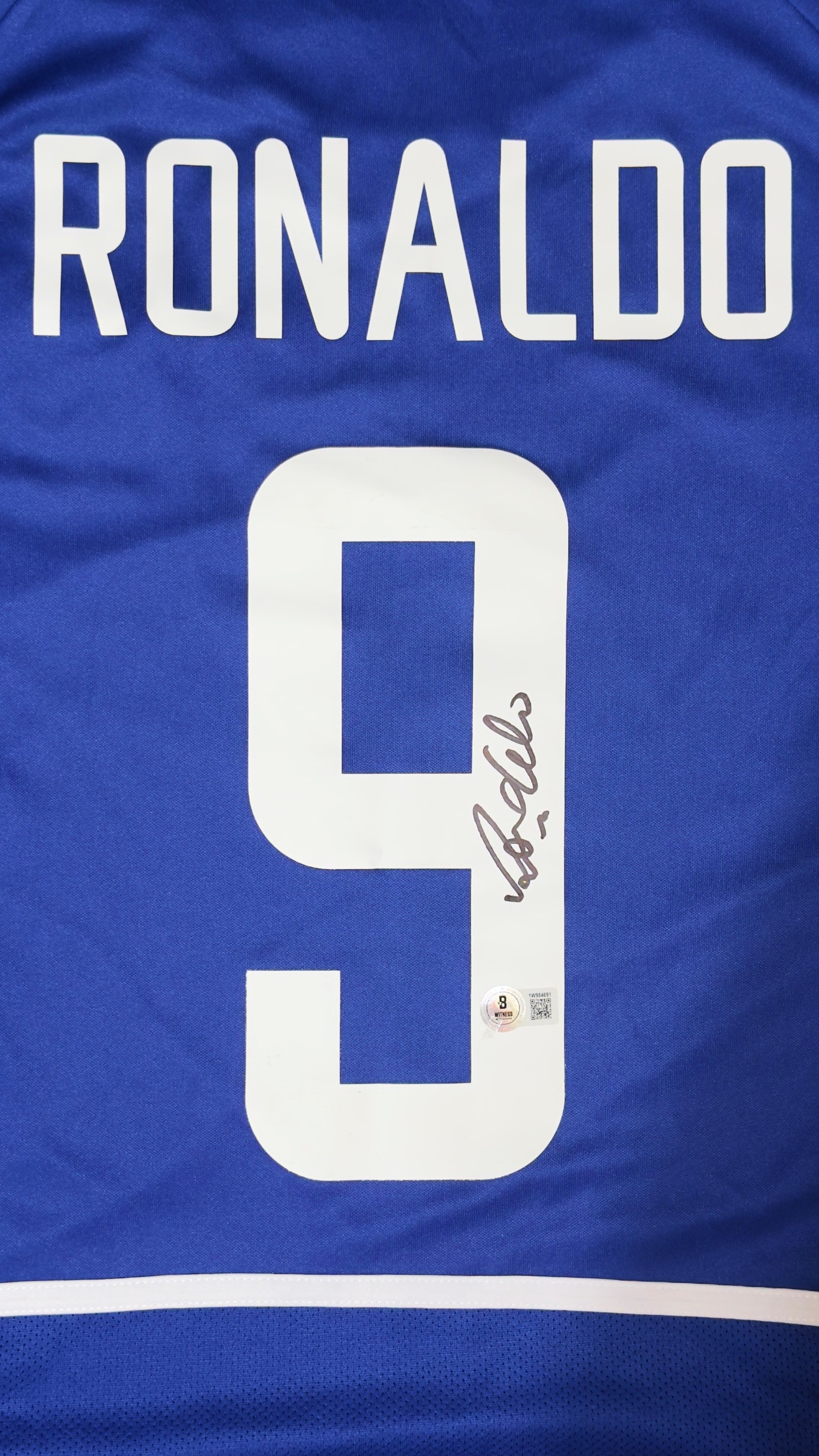 Ronaldo Fenômeno autógrafo – camisa Brasil azul 2002, Ronaldo Fenômeno