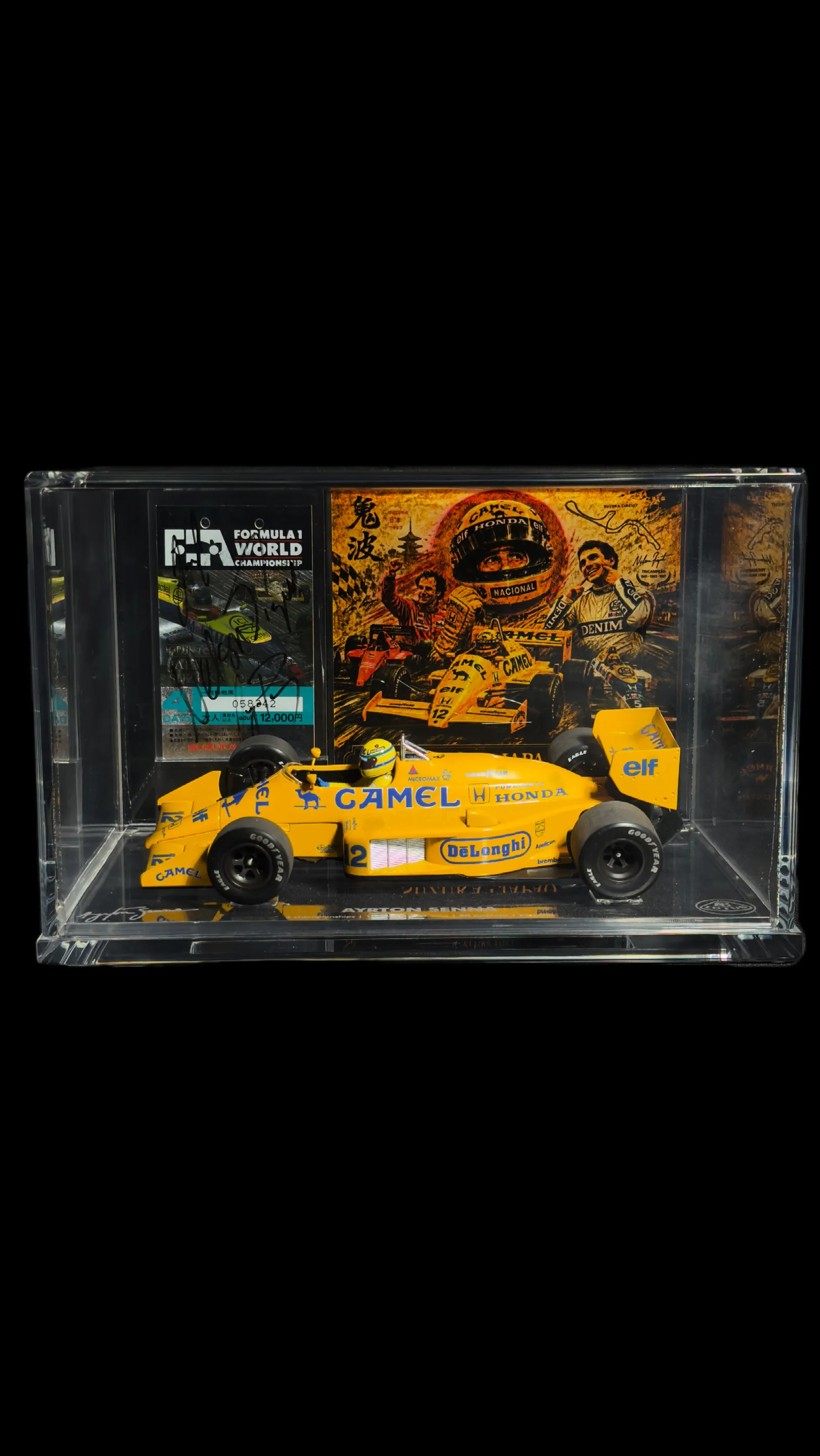 Ayrton Senna, Nelson Piquet e Gerhard Berger autógrafos – ingresso GP do Japão 1987 Suzuka, Ayrton Senna