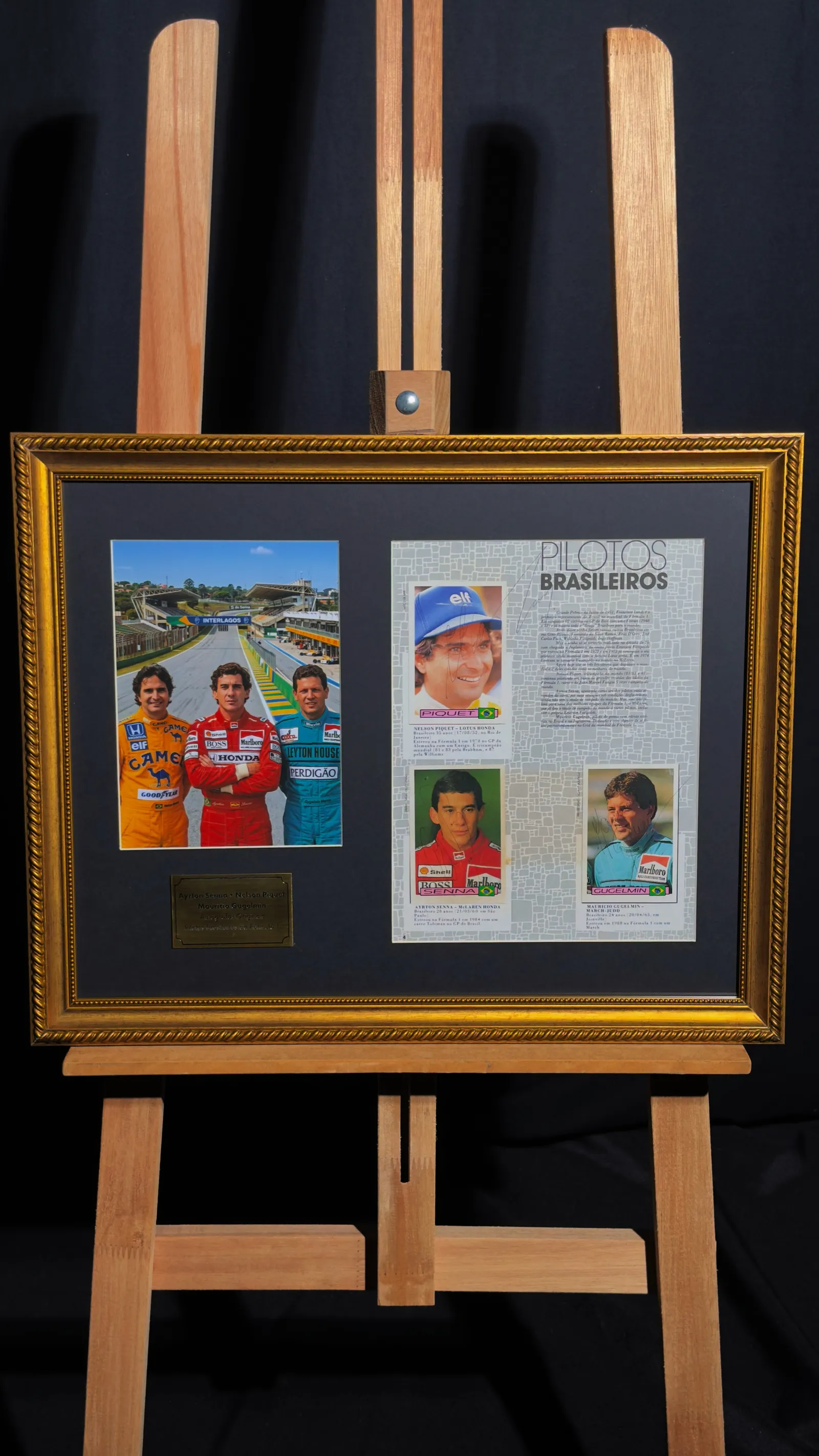 Ayrton Senna, Nelson Piquet e Mauricio Gugelmin autógrafos – quadro pilotos brasileiros, Ayrton Senna, Nelson Piquet e Maurício Gugelmin