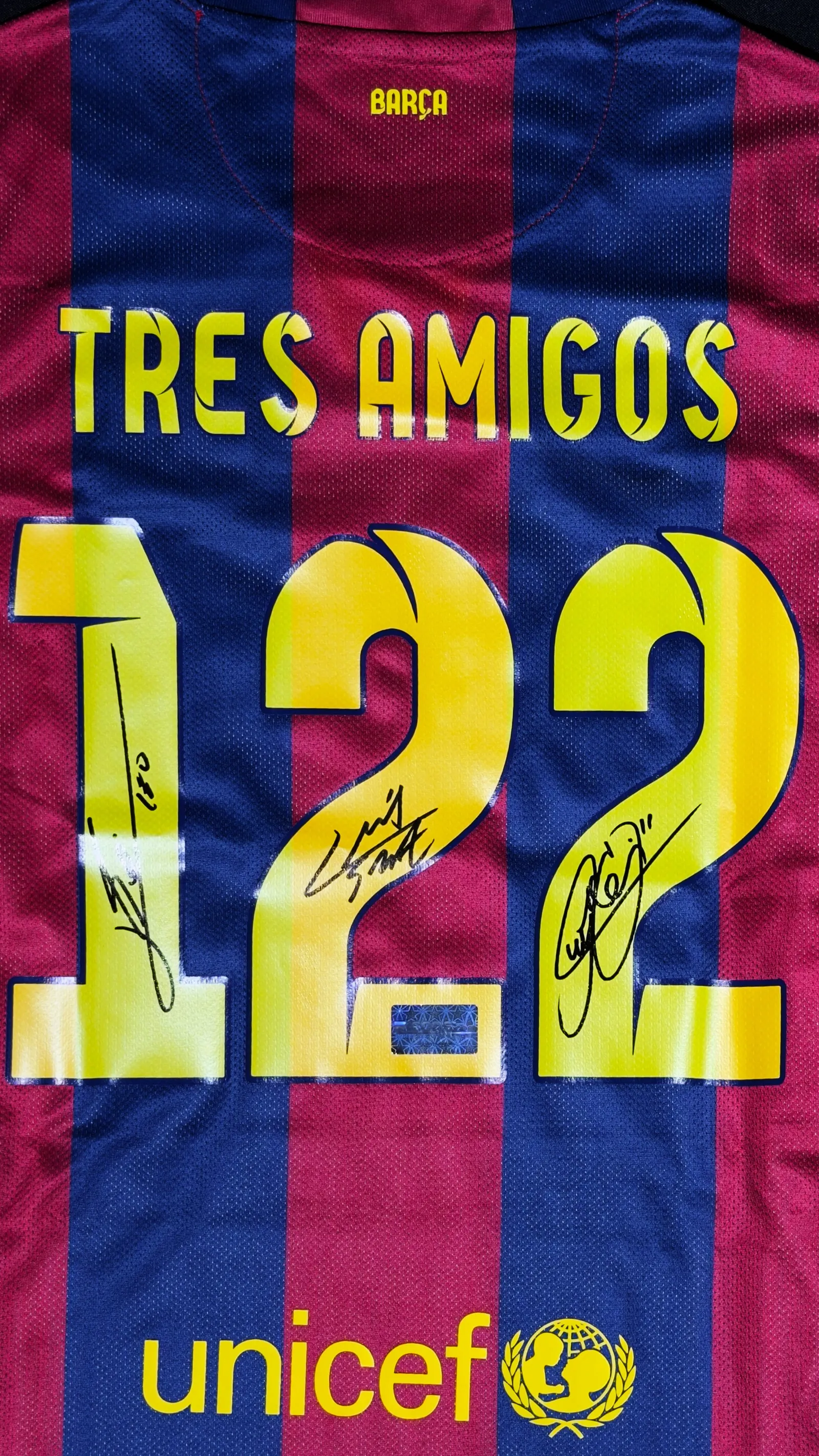 Messi, Suárez e Neymar autógrafos – camisa Barcelona Tres Amigos 122, Lionel Messi, Luis Suárez e Neymar Jr