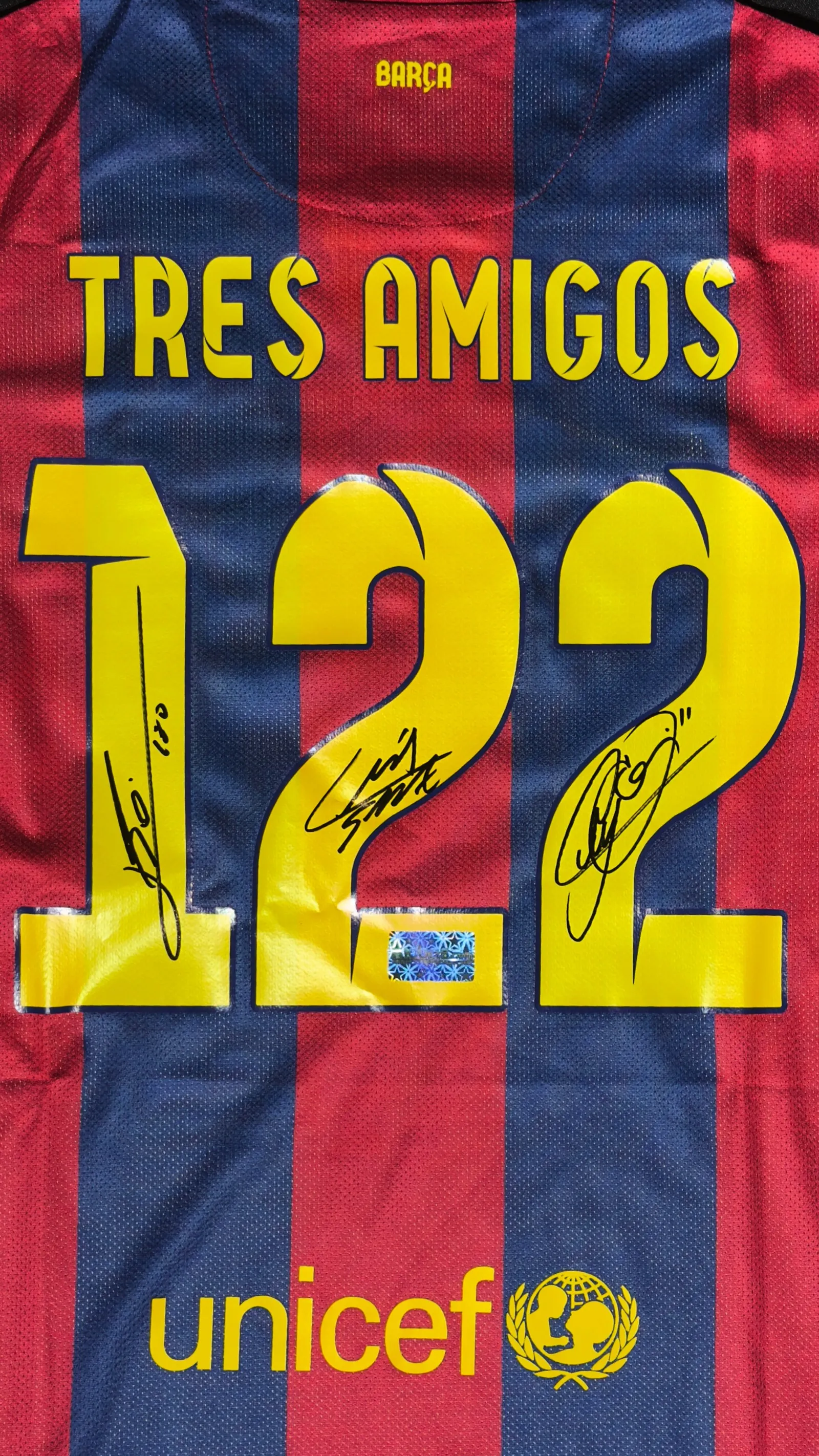 Messi, Suárez e Neymar autógrafos – camisa Barcelona Tres Amigos 122, Lionel Messi, Luis Suárez e Neymar Jr