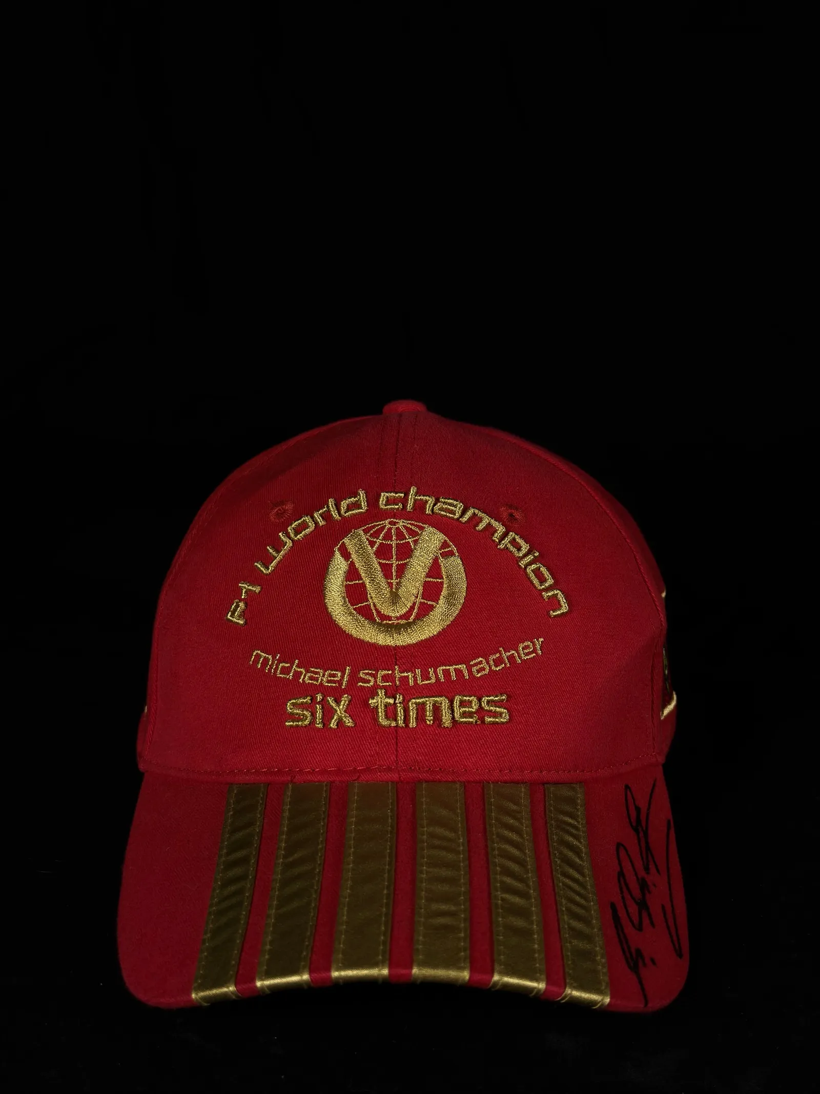 Michael Schumacher autógrafo – boné vermelho "F1 World Champion Six Times", Michael Schumacher