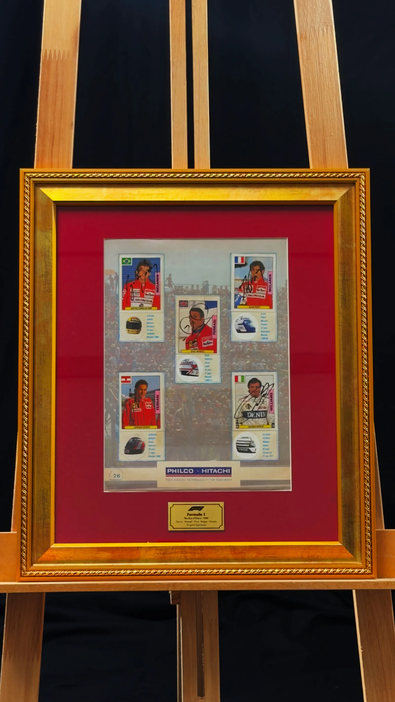 Ayrton Senna, Alain Prost, Nigel Mansell, Gerhard Berger autógrafos – Quadro Fórmula 1, Ayrton Senna, Alain Prost, Nigel Mansell, Gerhard Berger