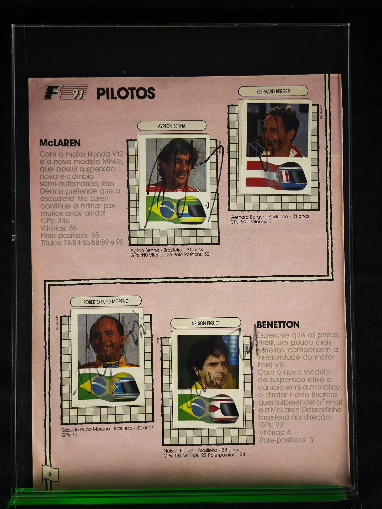 Senna, Piquet, Berger e Moreno autógrafos – quadro F1 1991 pilotos, Ayrton Senna, Nelson Piquet, Gerhard Berger e Moreno