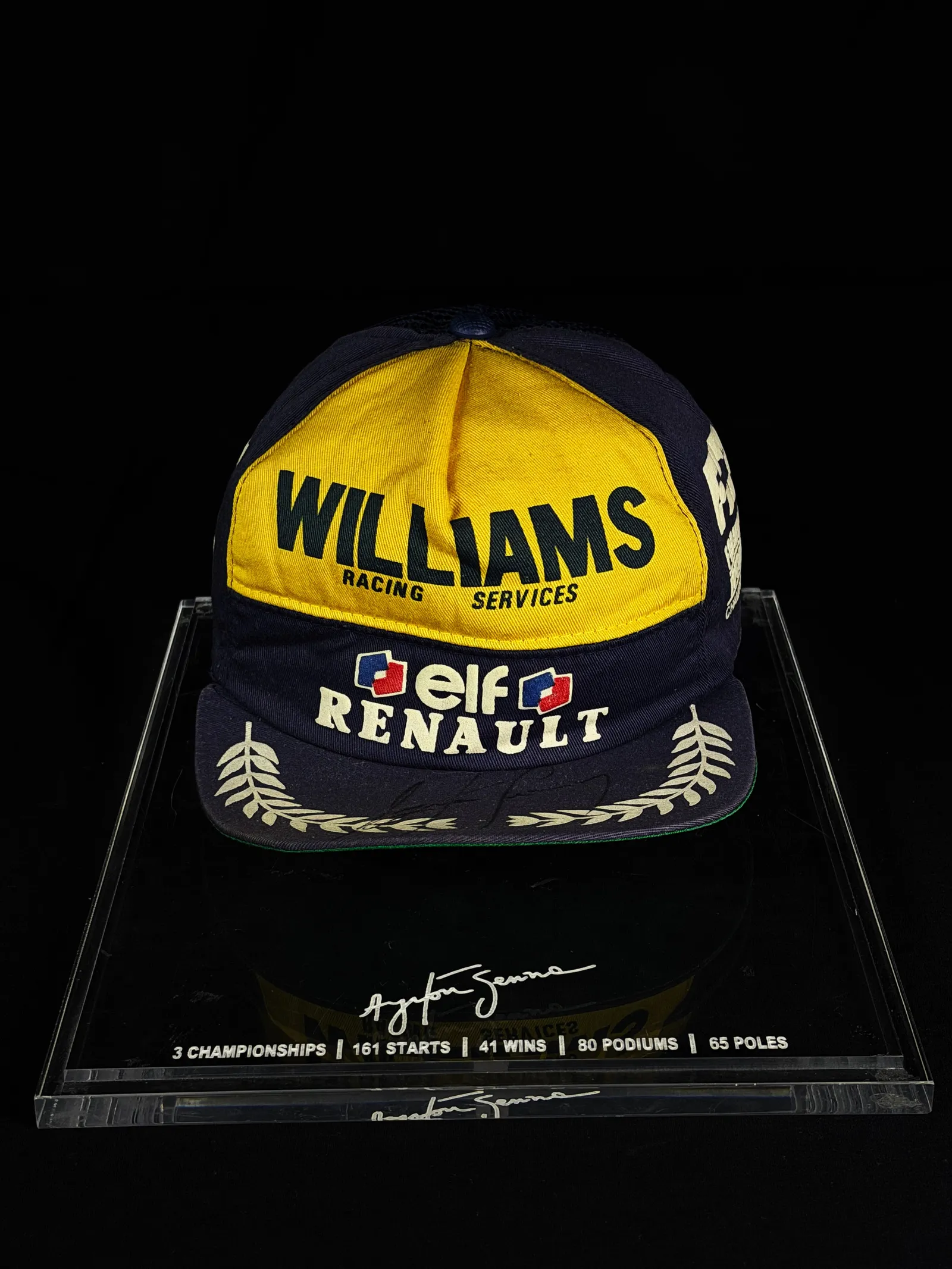 Ayrton Senna autógrafo – boné Williams Racing Services, ELF Renault, Ayrton Senna