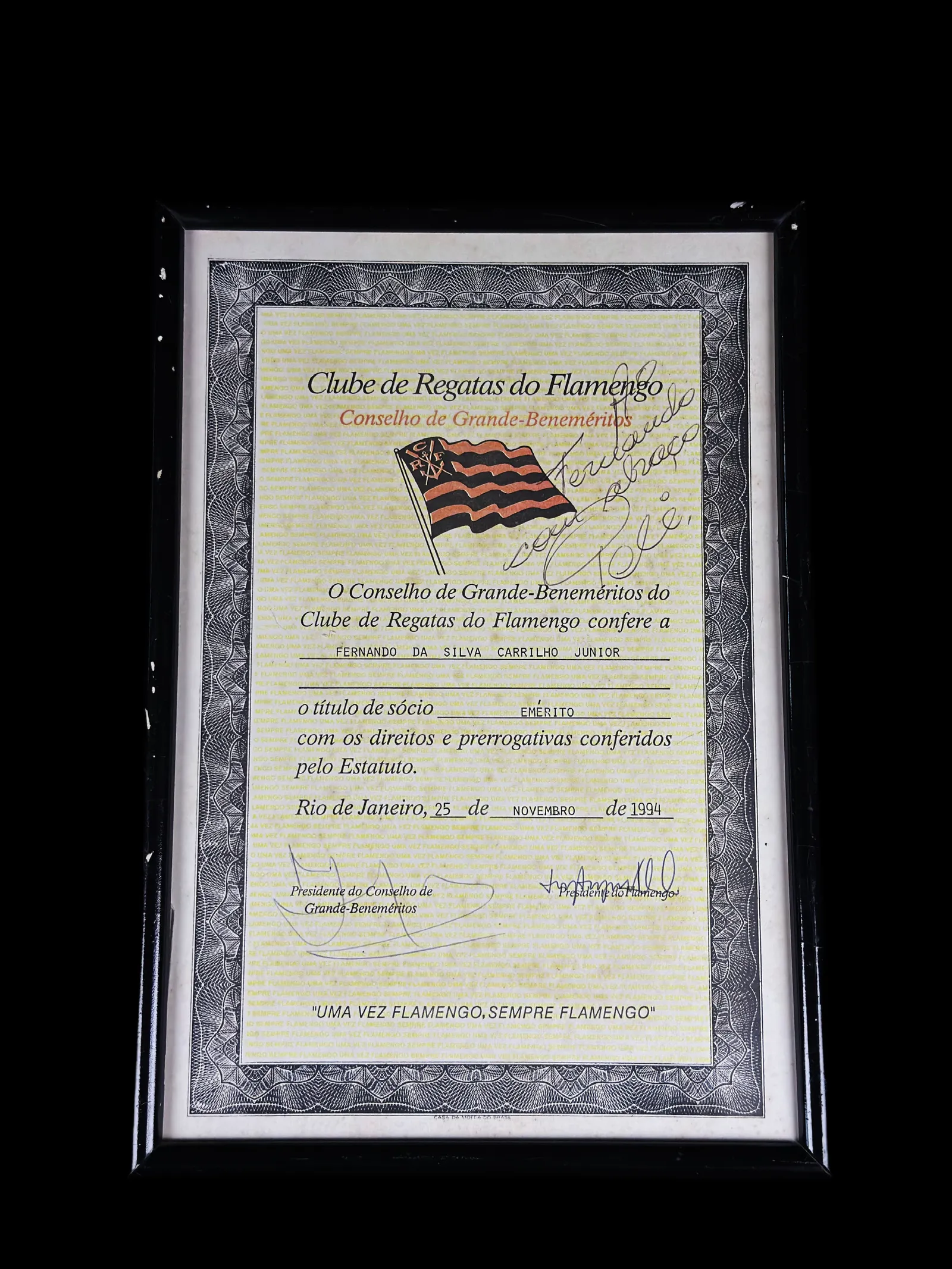 Pelé autógrafo – certificado de Sócio Emérito do Flamengo, Pelé