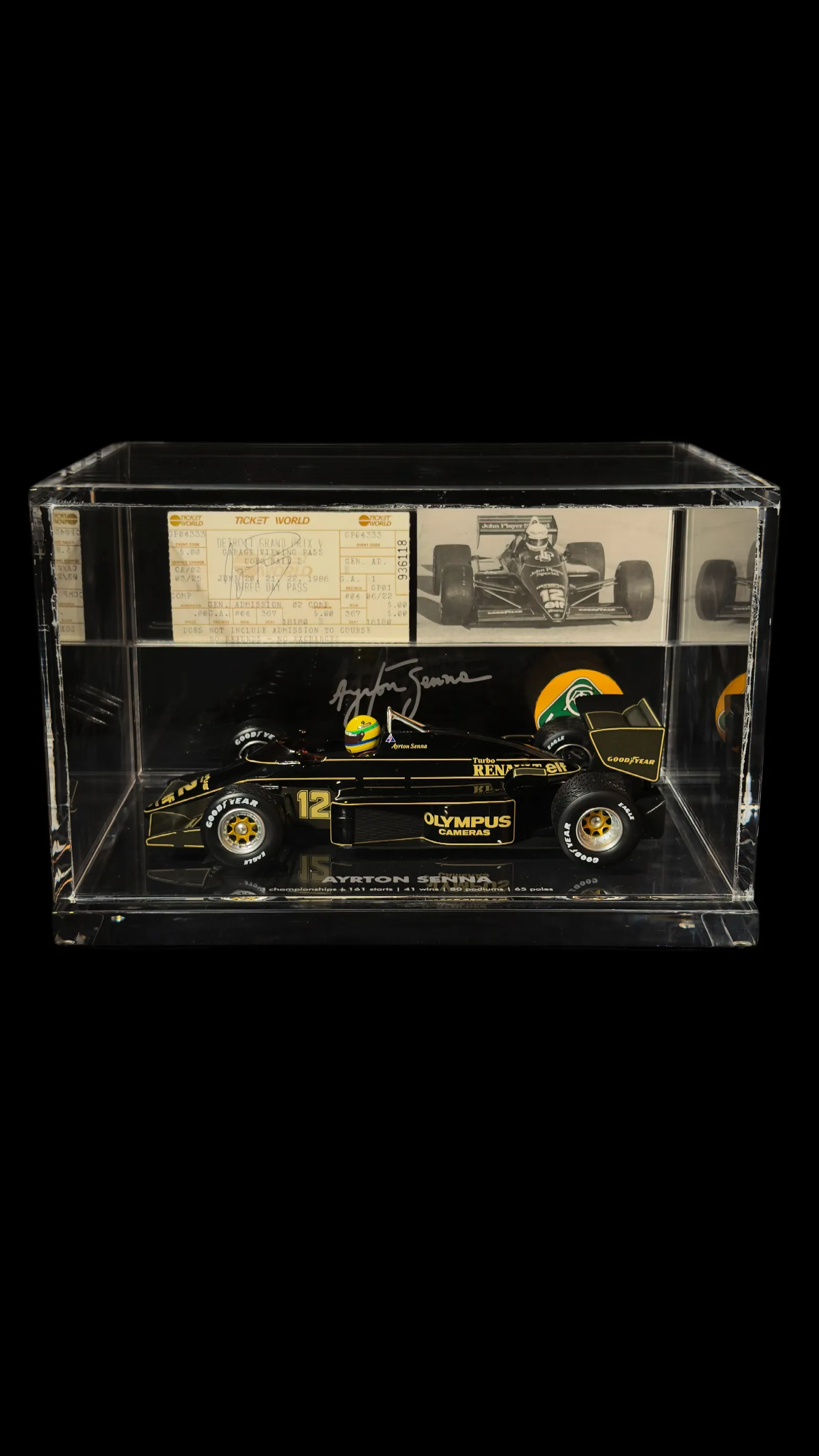 Ayrton Senna autógrafo – passe original Detroit Grand Prix 1986, Ayrton Senna