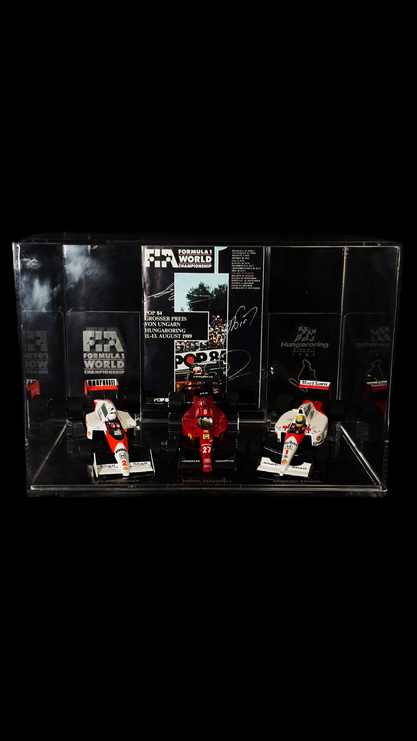 Ayrton Senna, Alain Prost e Nigel Mansell autógrafos – display GP da Hungria 1989, Ayrton Senna, Alain Prost e Nigel Mansell