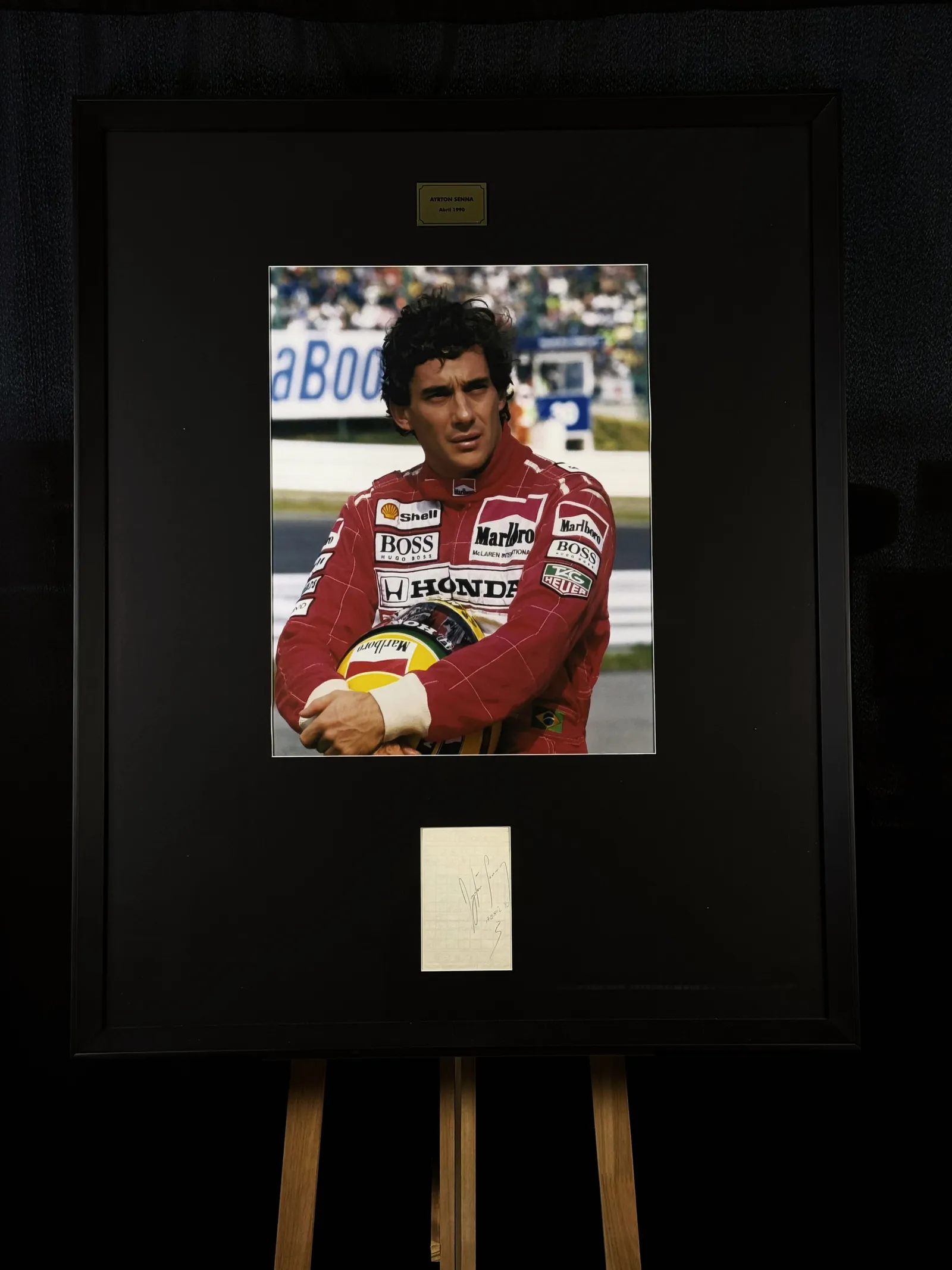 Ayrton Senna autógrafo "Abril 1990" emoldurada em quadro, Ayrton Senna