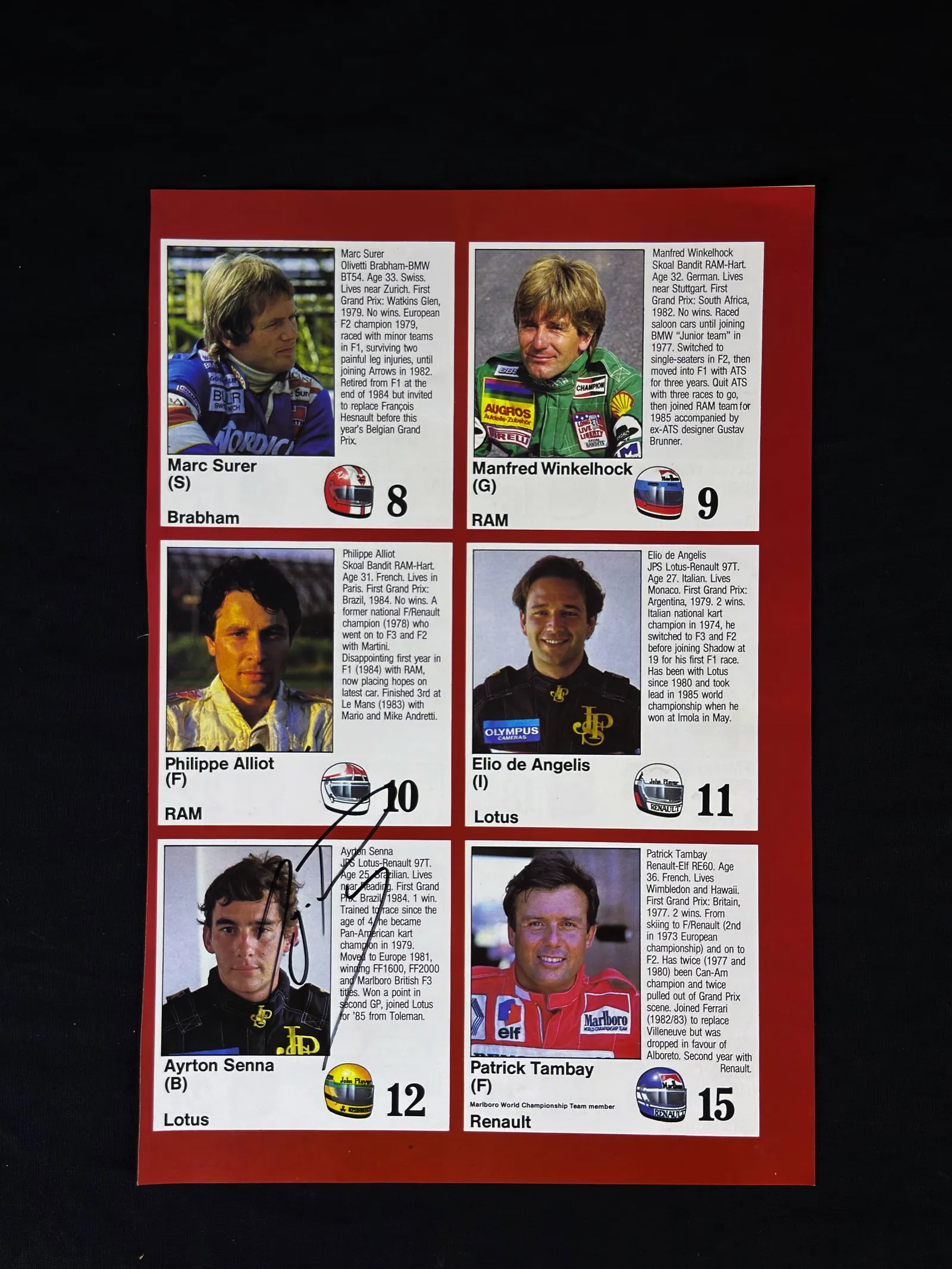 Ayrton Senna e Gerhard Berger autógrafo – guia de pilotos F1 1985, Ayrton Senna e Gerhard Berger