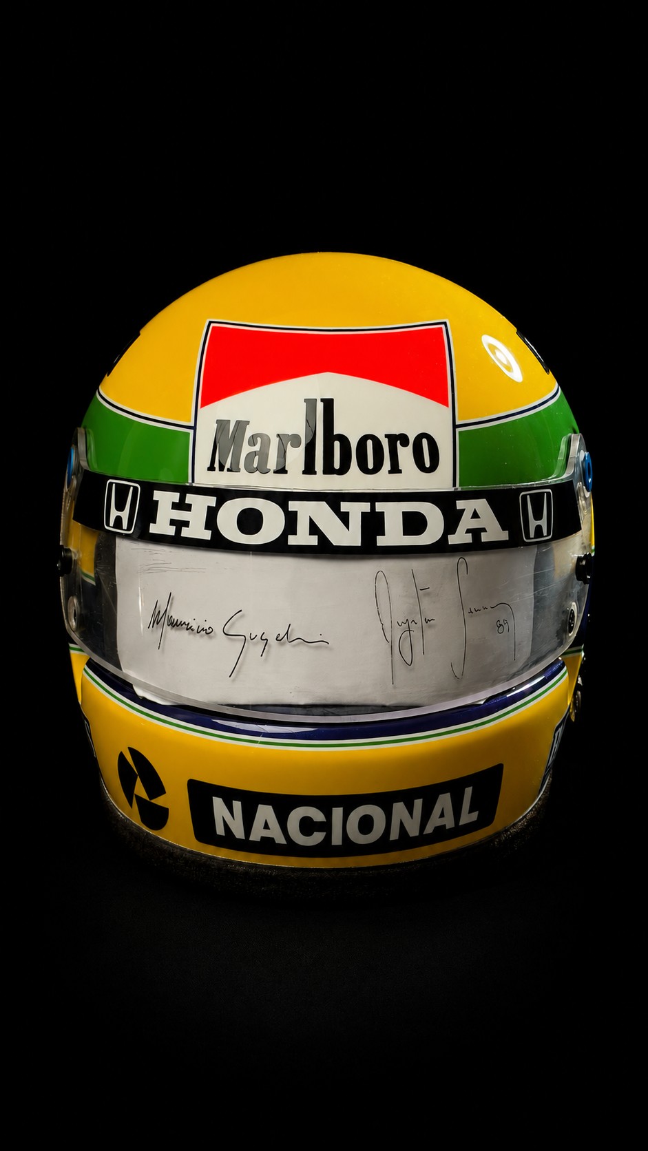 Ayrton Senna e Maurício Gugelmin autógrafos – capacete 1989, Ayrton Senna e Maurício Gugelmin