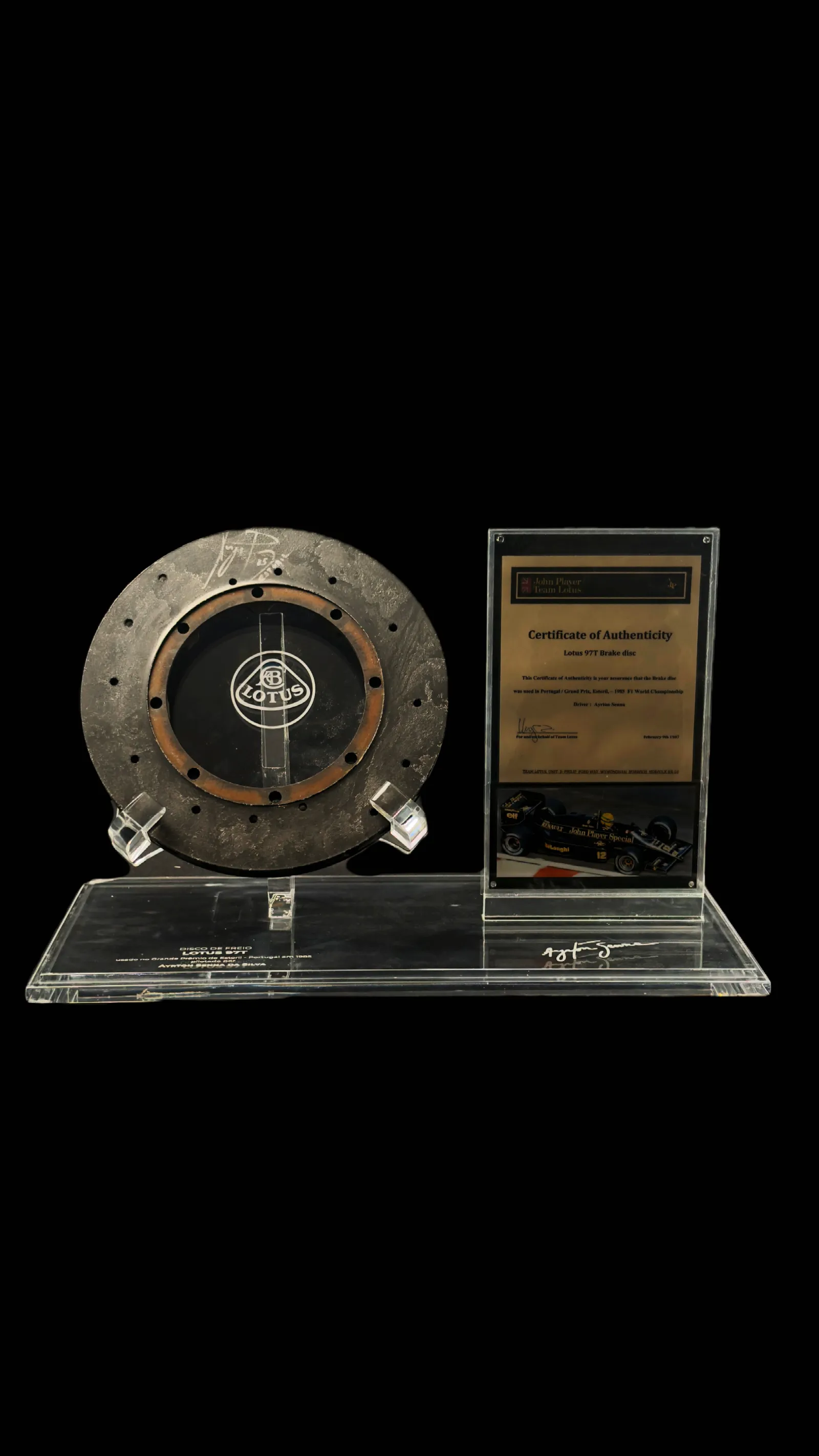 Ayrton Senna autógrafo – Disco de freio Lotus 97T GP de Portugal 1985, Ayrton Senna