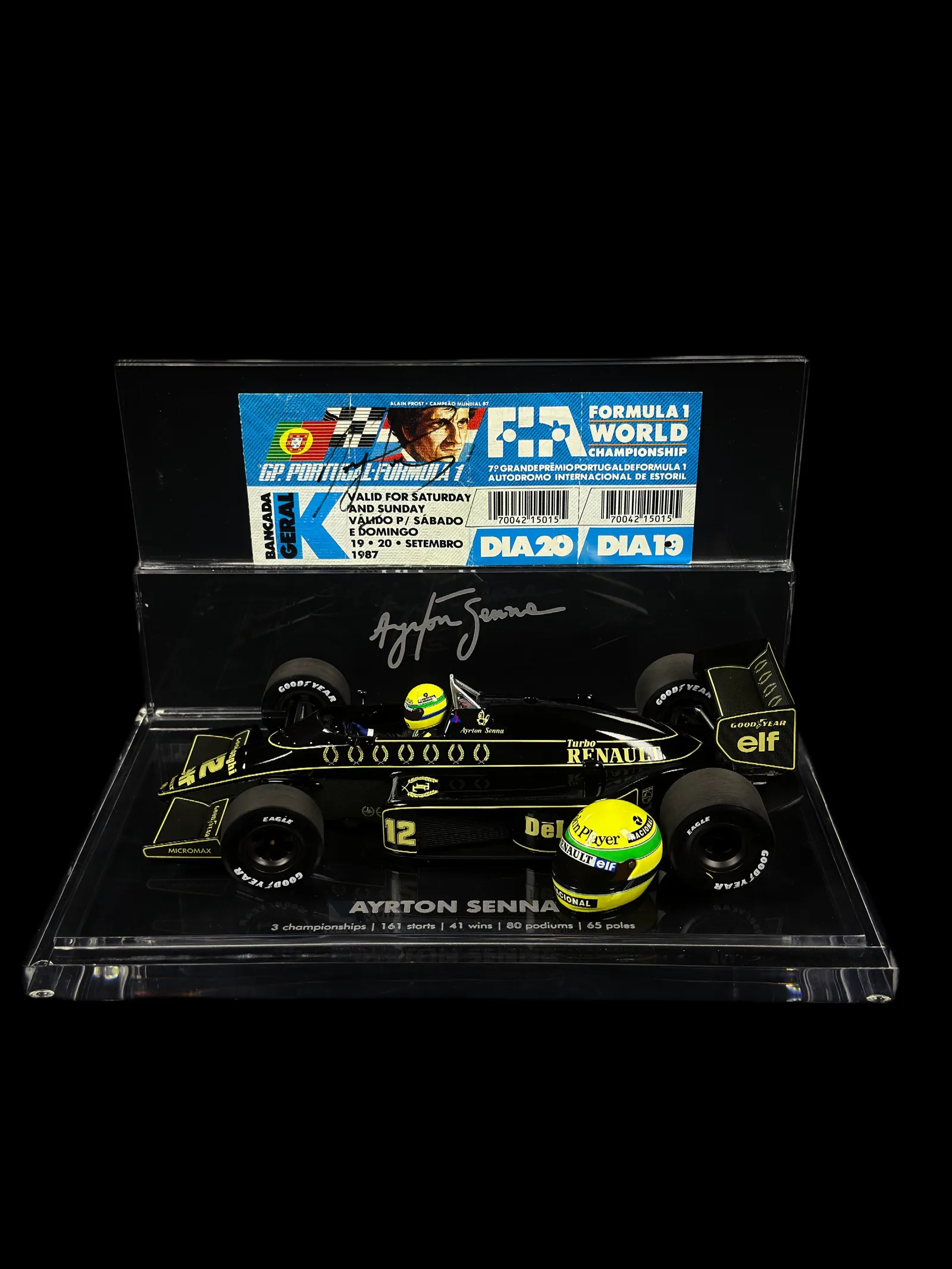 Ayrton Senna autógrafo – ingresso GP Portugal 1987 + miniatura Lotus e mini capacete, Ayrton Senna