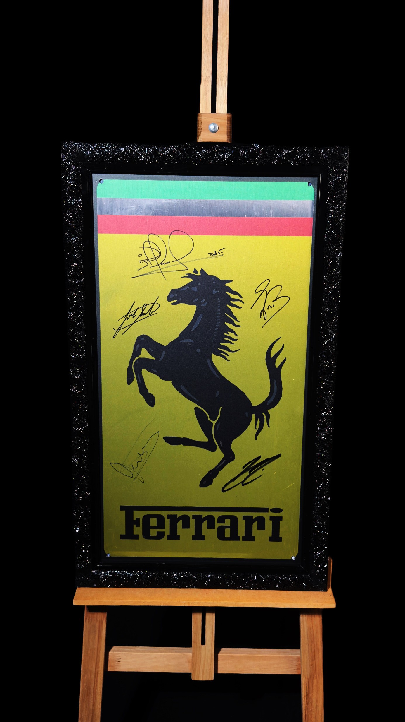 Nigel Mansell, John Surtees, Alain Prost, Jody Scheckter e Kimi Räikkönen autógrafos – placa Ferrari, Nigel Mansell e outros