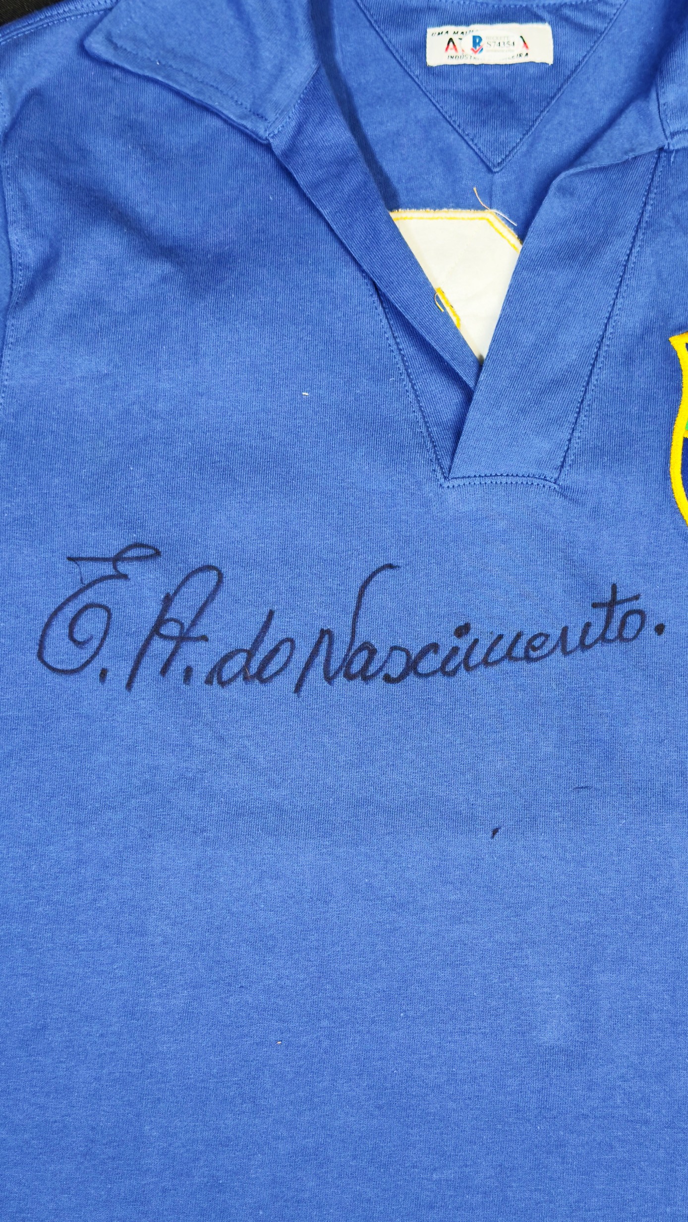 Pelé autógrafo – camisa retrô Brasil azul, Pelé