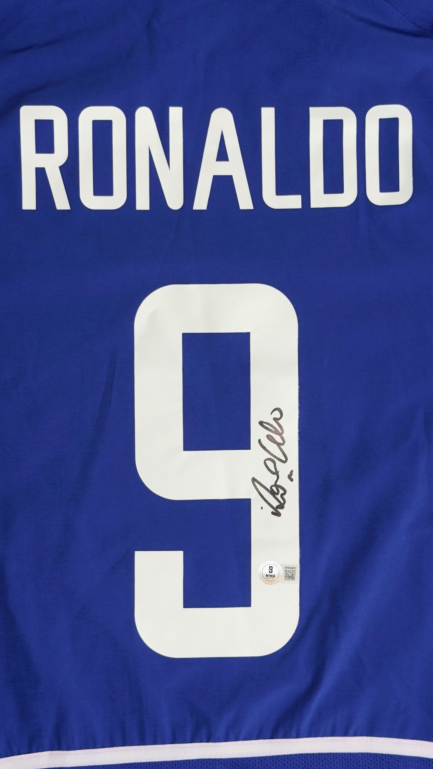 Ronaldo Fenômeno autógrafo – camisa Brasil azul 2002, Ronaldo Fenômeno