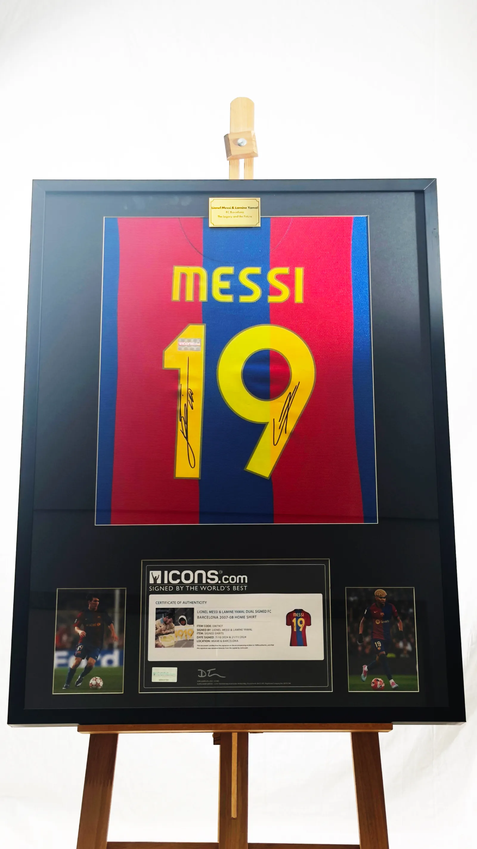 Lionel Messi e Lamine Yamal autógrafos – Camisa Barcelona emoldurada, Lionel Messi e Lamine Yamal