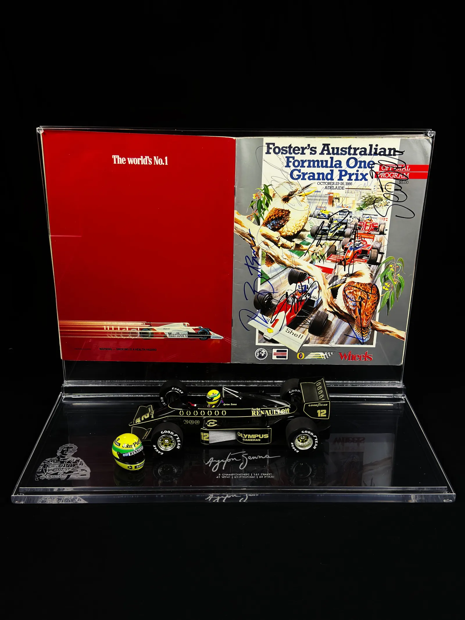 Ayrton Senna e o grid da temporada – programa oficial do Grande Prêmio da Austrália de Fórmula 1 de 1986 assinado, Ayrton Senna