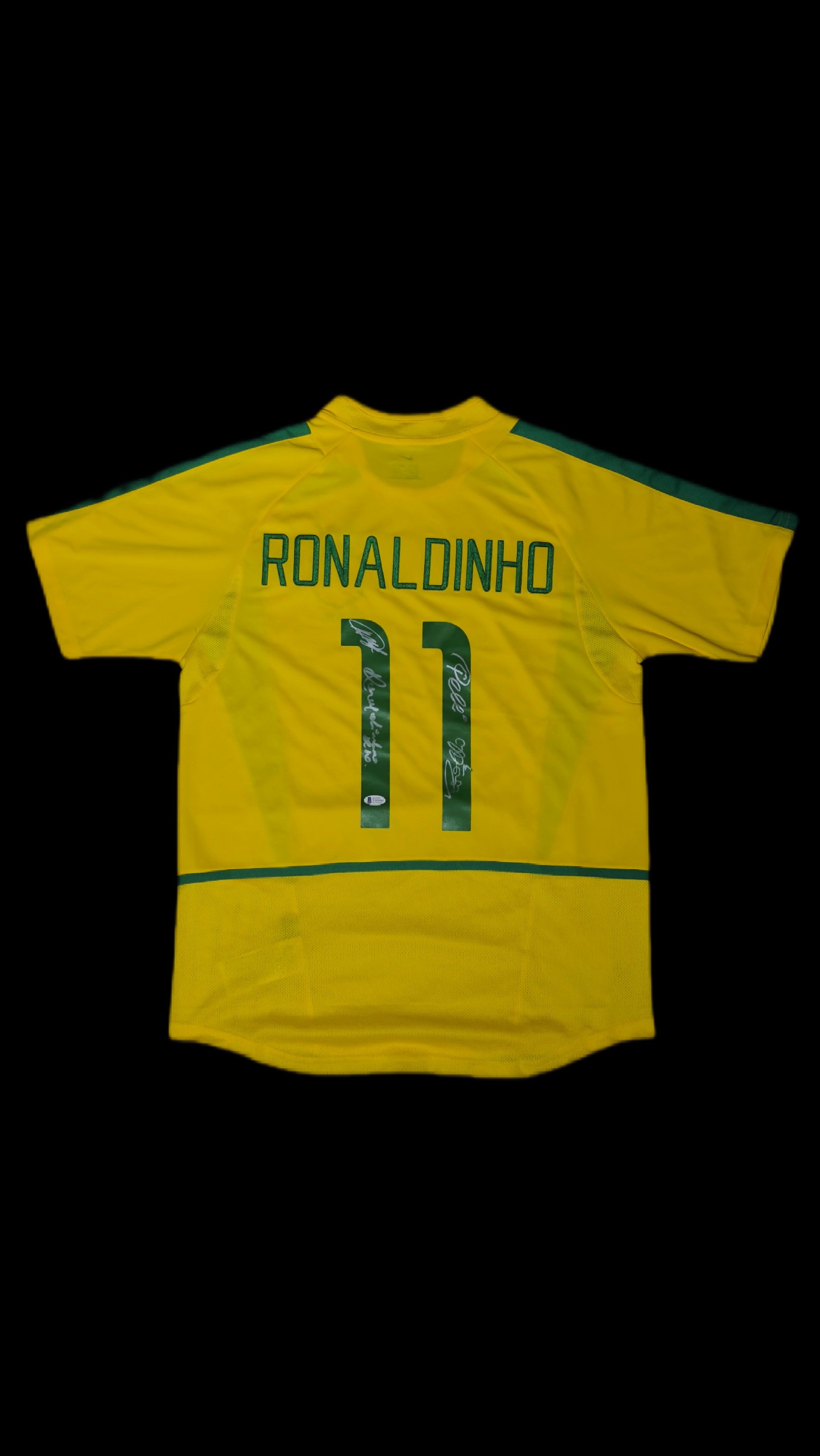 Pelé, Ronaldo, Ronaldinho e Kaká autógrafos – camisa Seleção Brasileira, Pelé, Ronaldo Fenômeno, Ronaldinho Gaúcho e Kaká