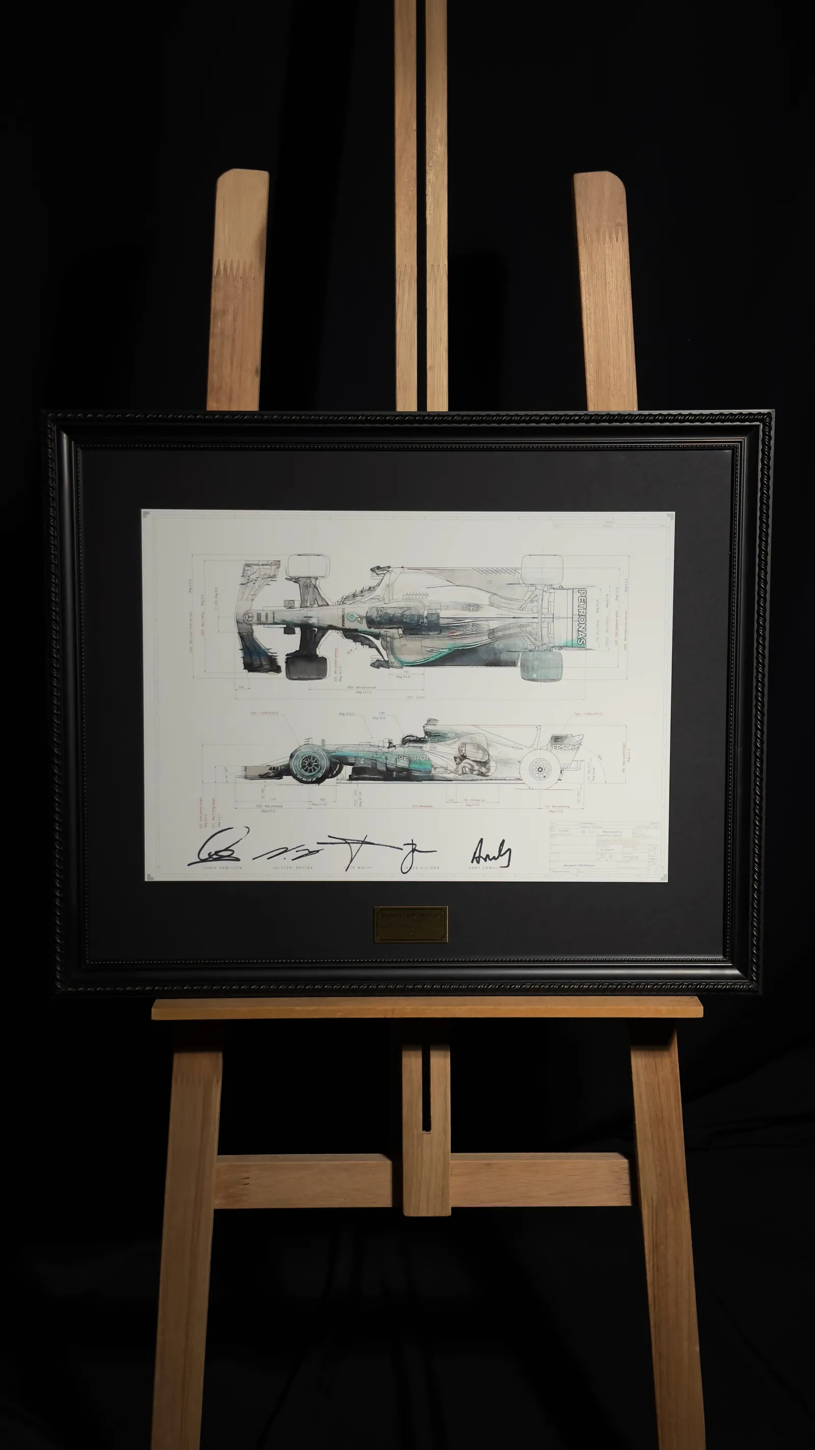 Lewis Hamilton, Valtteri Bottas, Toto Wolff, James Allison e Andy Cowell autógrafos – arte "Mercedes-AMG Petronas F1", Lewis Hamilton e outros