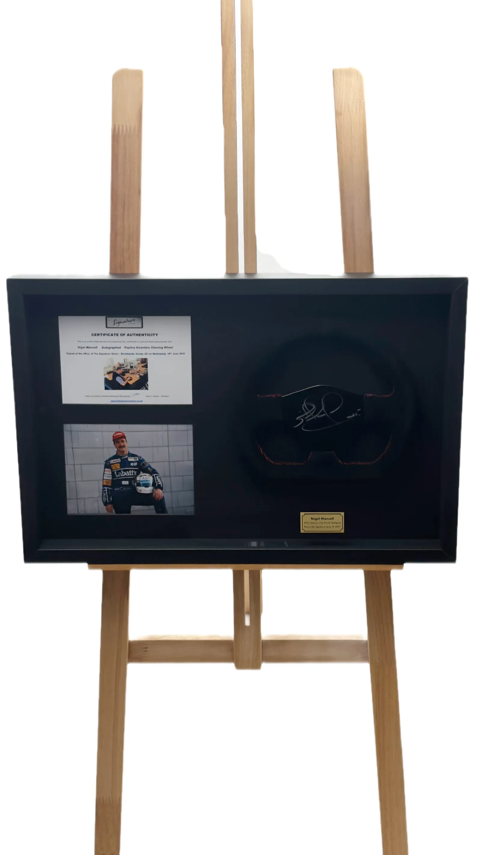 Nigel Mansell autógrafo – Volante Alcantara emoldurado, Nigel Mansell