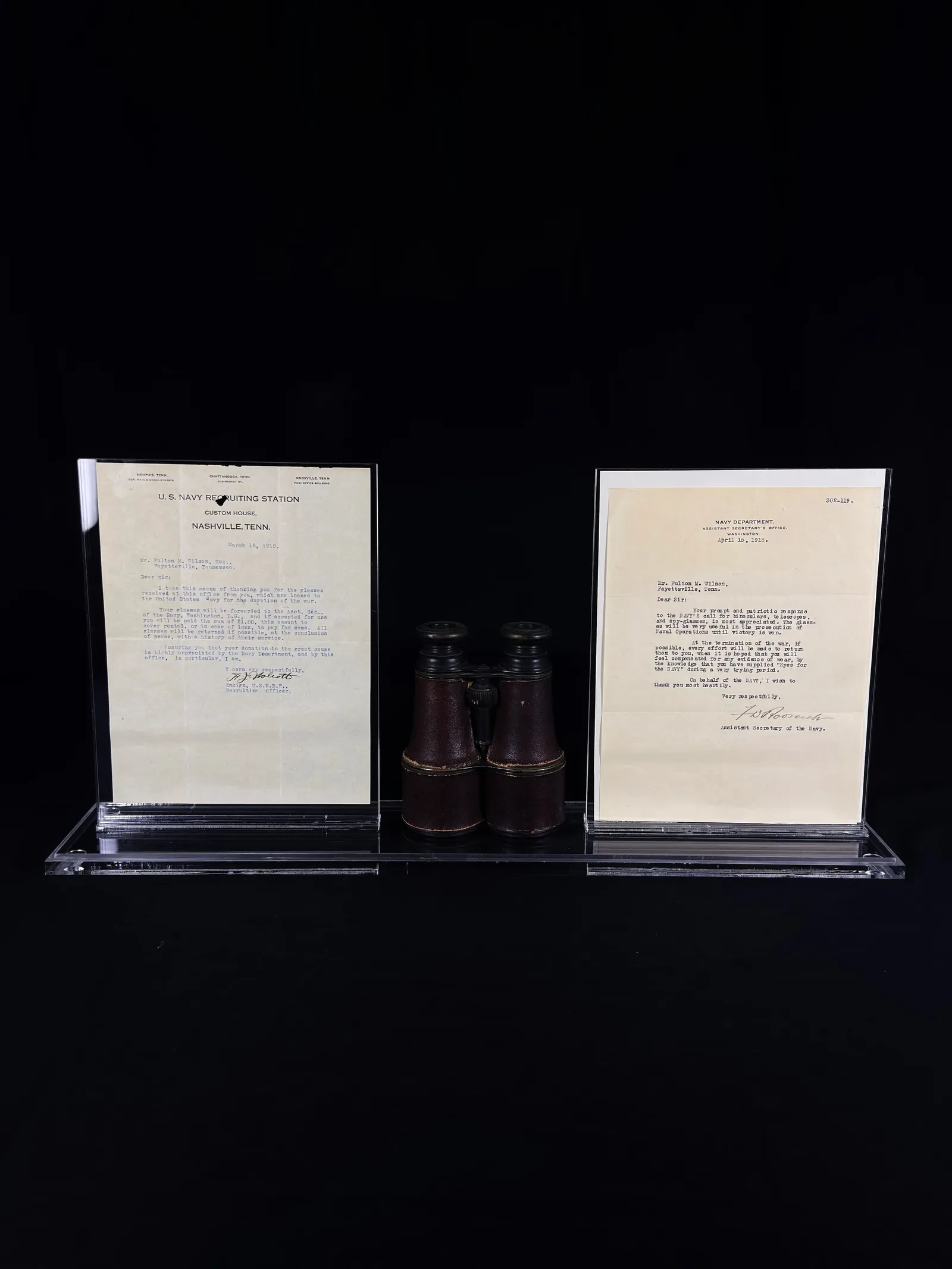 Franklin D. Roosevelt assinatura – carta datilografada e binóculos originais "Eyes for the Navy", Franklin D. Roosevelt