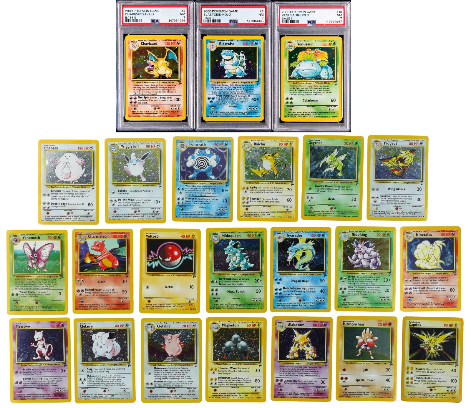Set completo Pokémon Base Set 2 (130 cartas) de 2000 – inclui Charizard Holo PSA 7, Blastoise Holo PSA 7 e Venusaur Holo PSA 7, Pokémon