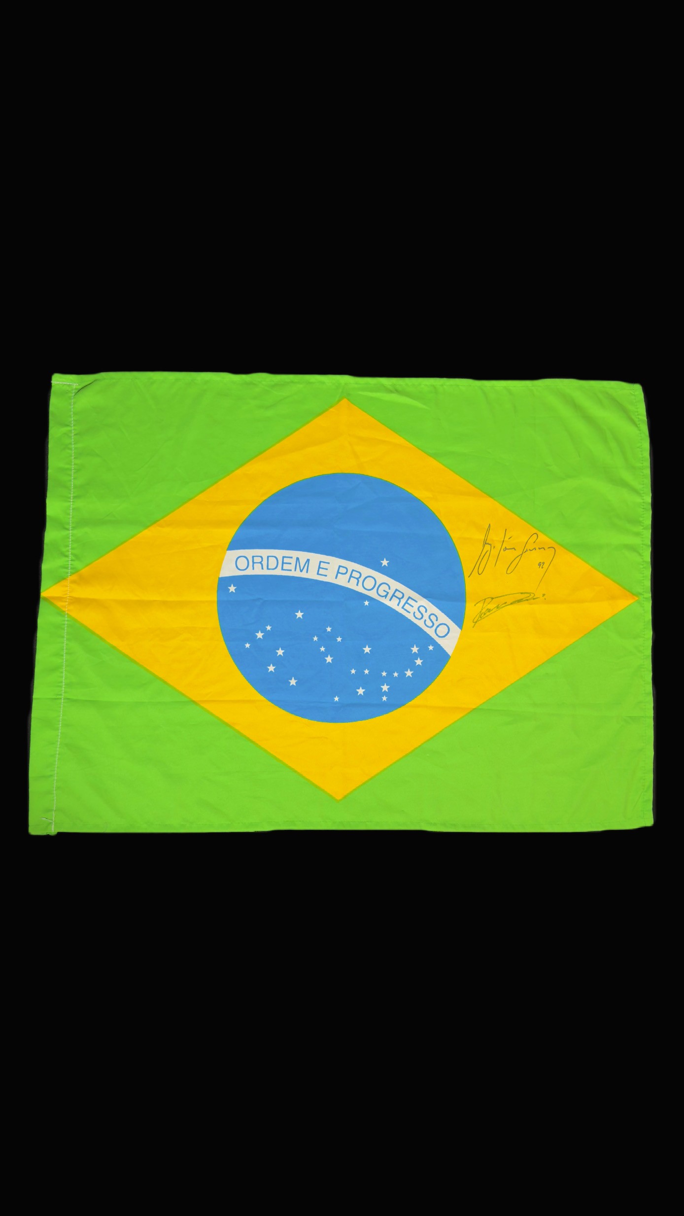 Ayrton Senna e Ron Dennis autógrafos – bandeira do Brasil, Ayrton Senna e Ron Dennis