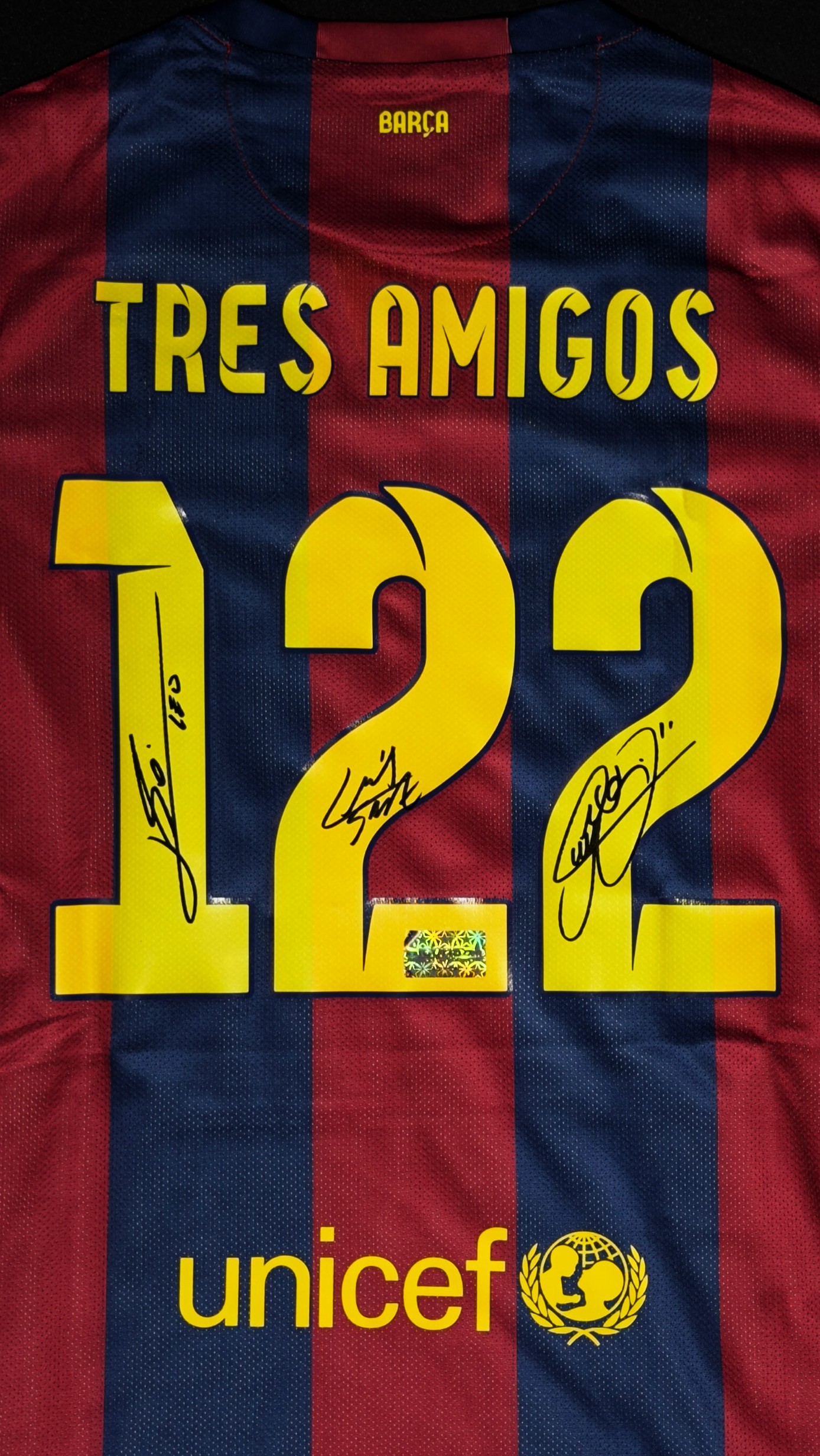 Messi, Suárez e Neymar autógrafos – camisa Barcelona Tres Amigos 122, Lionel Messi, Luis Suárez e Neymar Jr