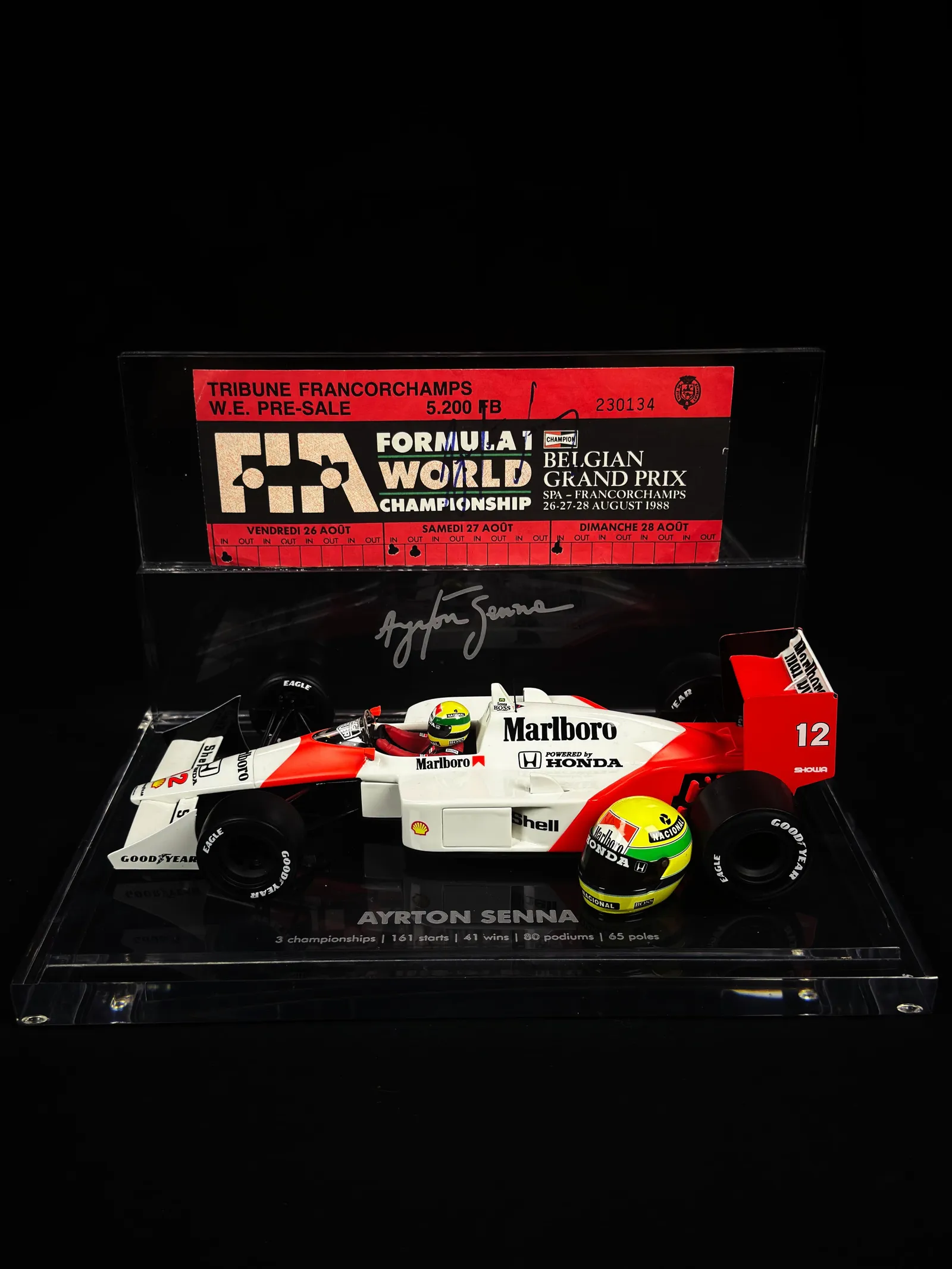 Ayrton Senna autógrafo – ingresso GP Bélgica Spa 1988 + miniatura McLaren, Ayrton Senna