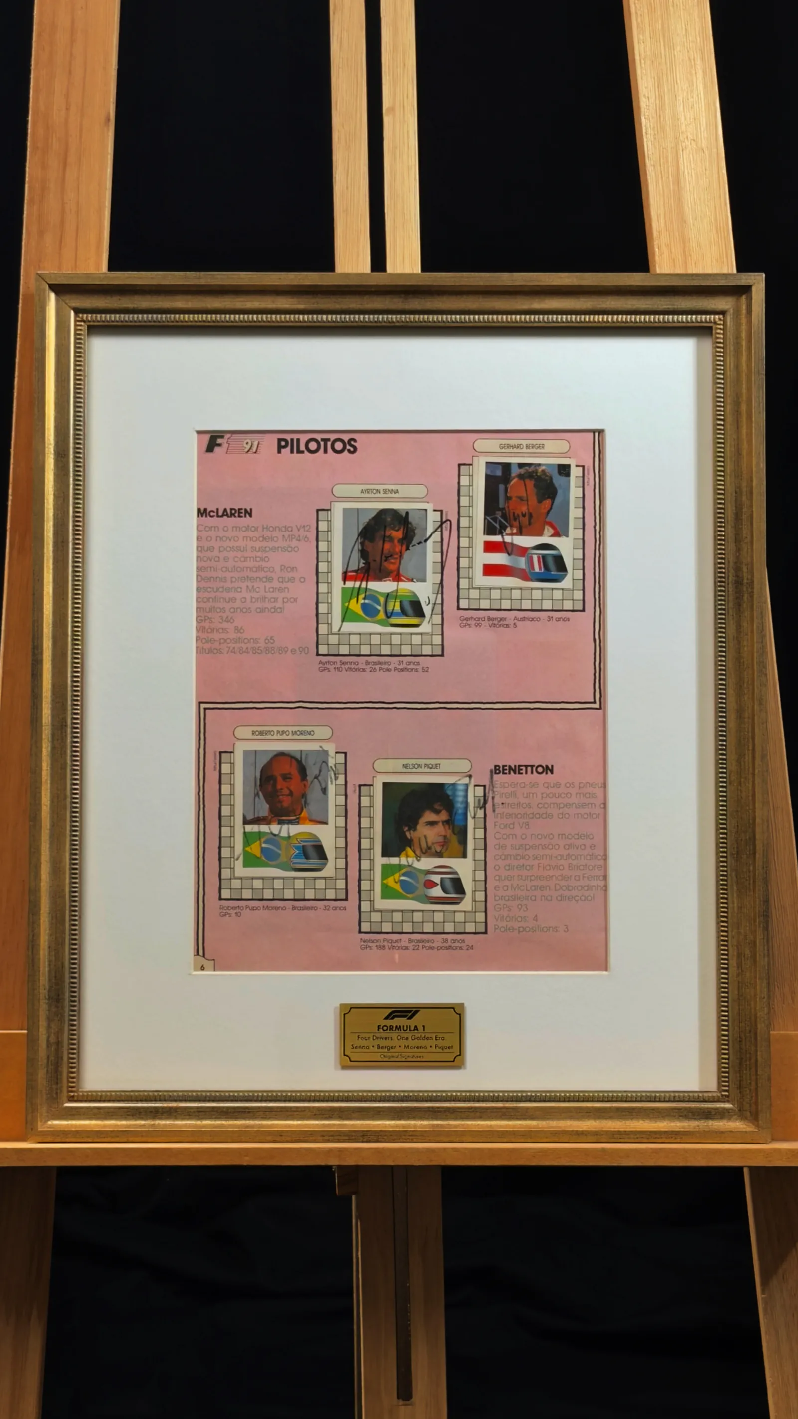 Senna, Piquet, Berger e Moreno autógrafos – Quadro F1 1991 pilotos, Ayrton Senna, Nelson Piquet, Gerhard Berger e Moreno