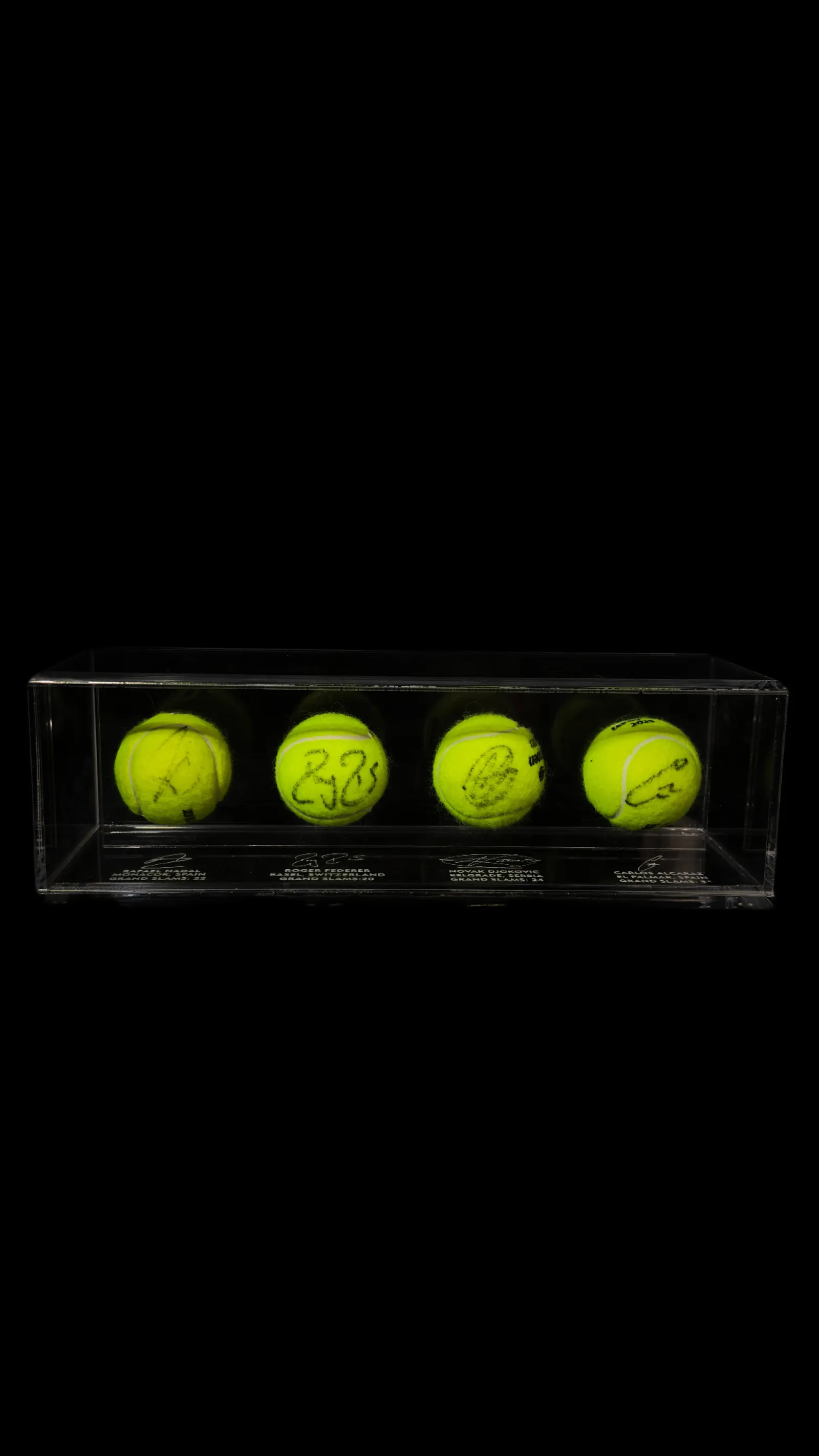 Nadal · Djokovic · Federer · Alcaraz autógrafo – kit 4 bolas de tênis, Rafael Nadal, Novak Djokovic, Roger Federer e Carlos Alcaraz