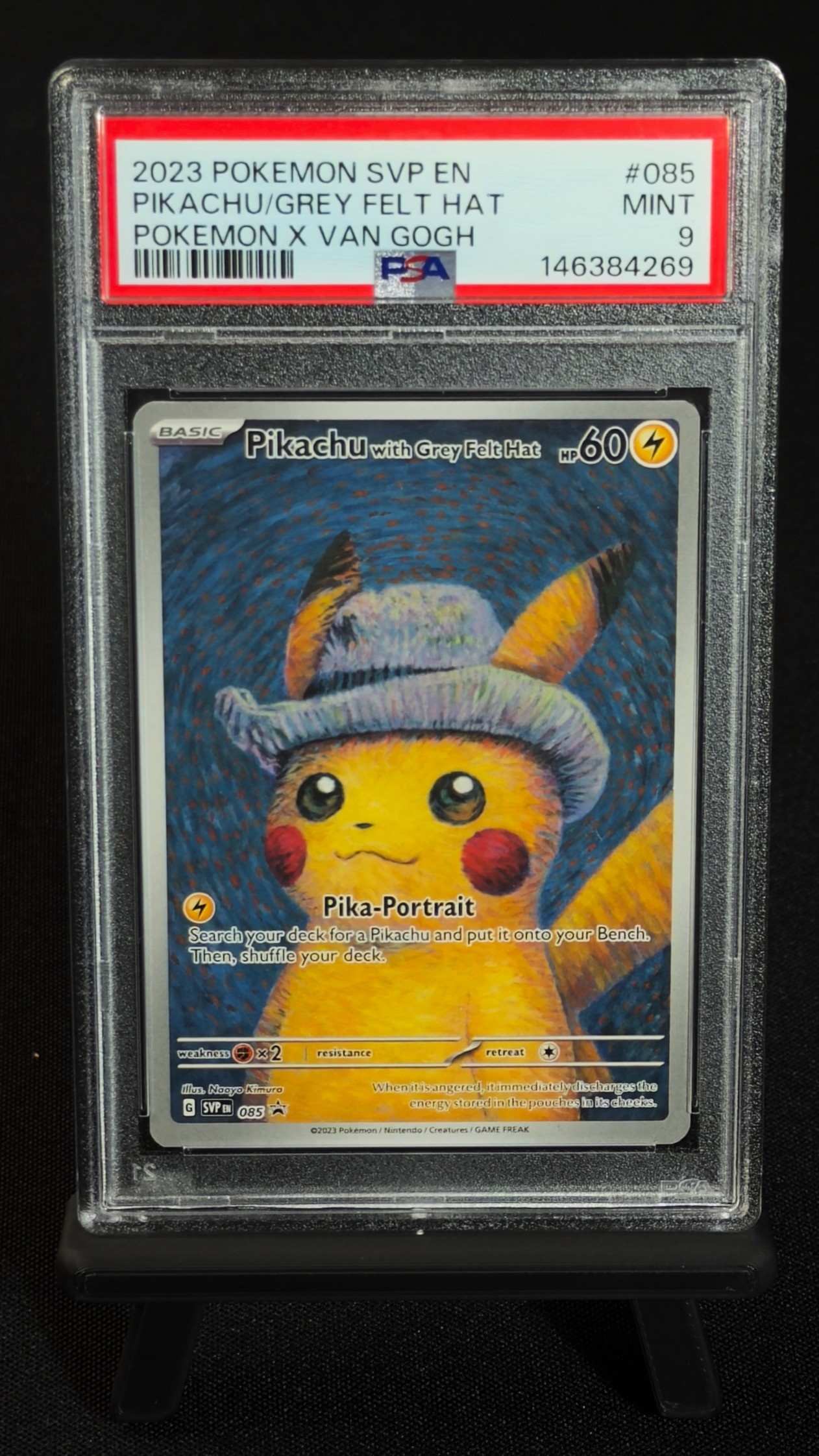 Pikachu with Grey Felt Hat 085 – Pokémon x Van Gogh 2023, PSA 9, Pikachu