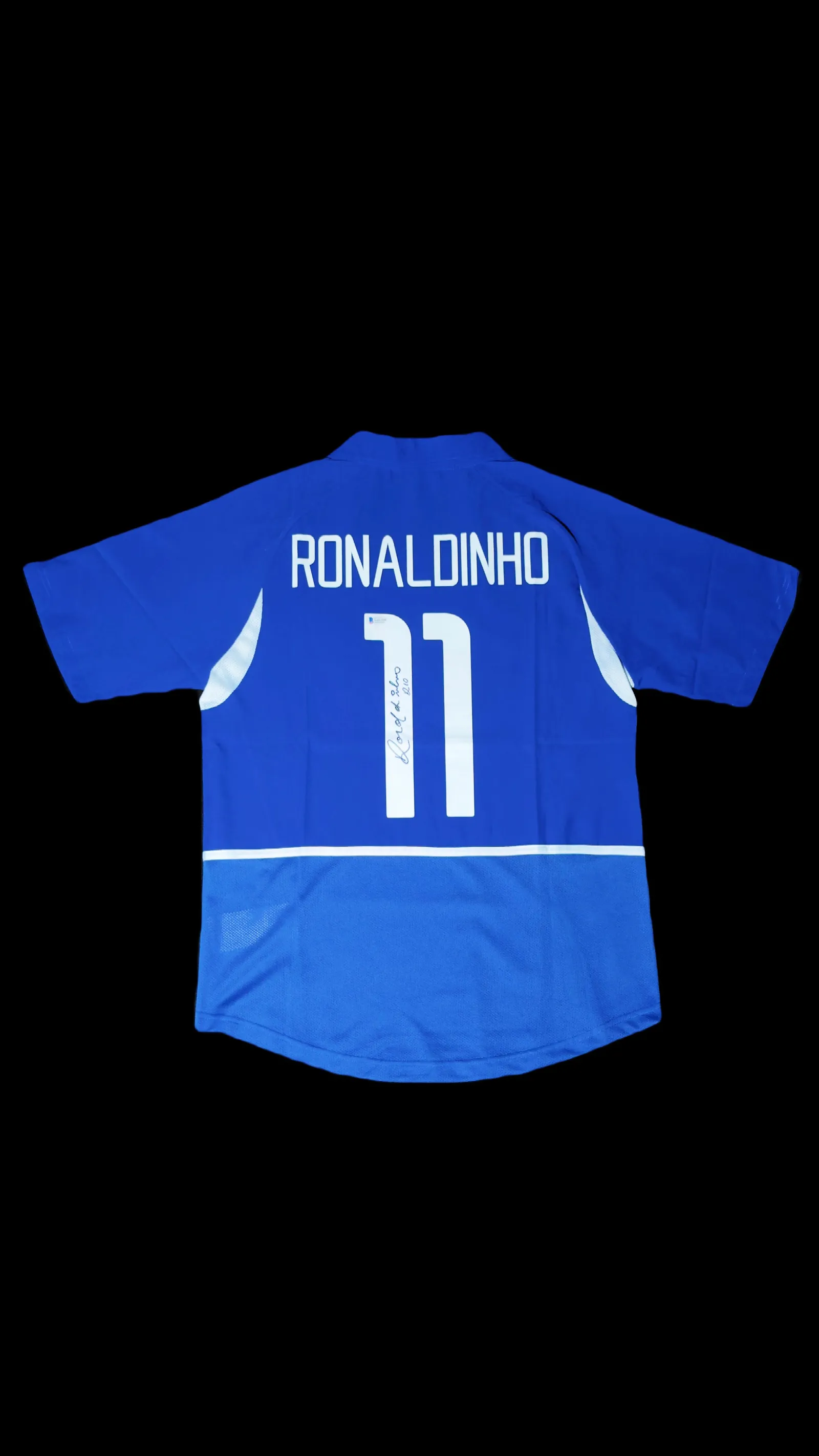 Ronaldinho autógrafo – camisa azul Brasil 2002, Ronaldinho Gaúcho