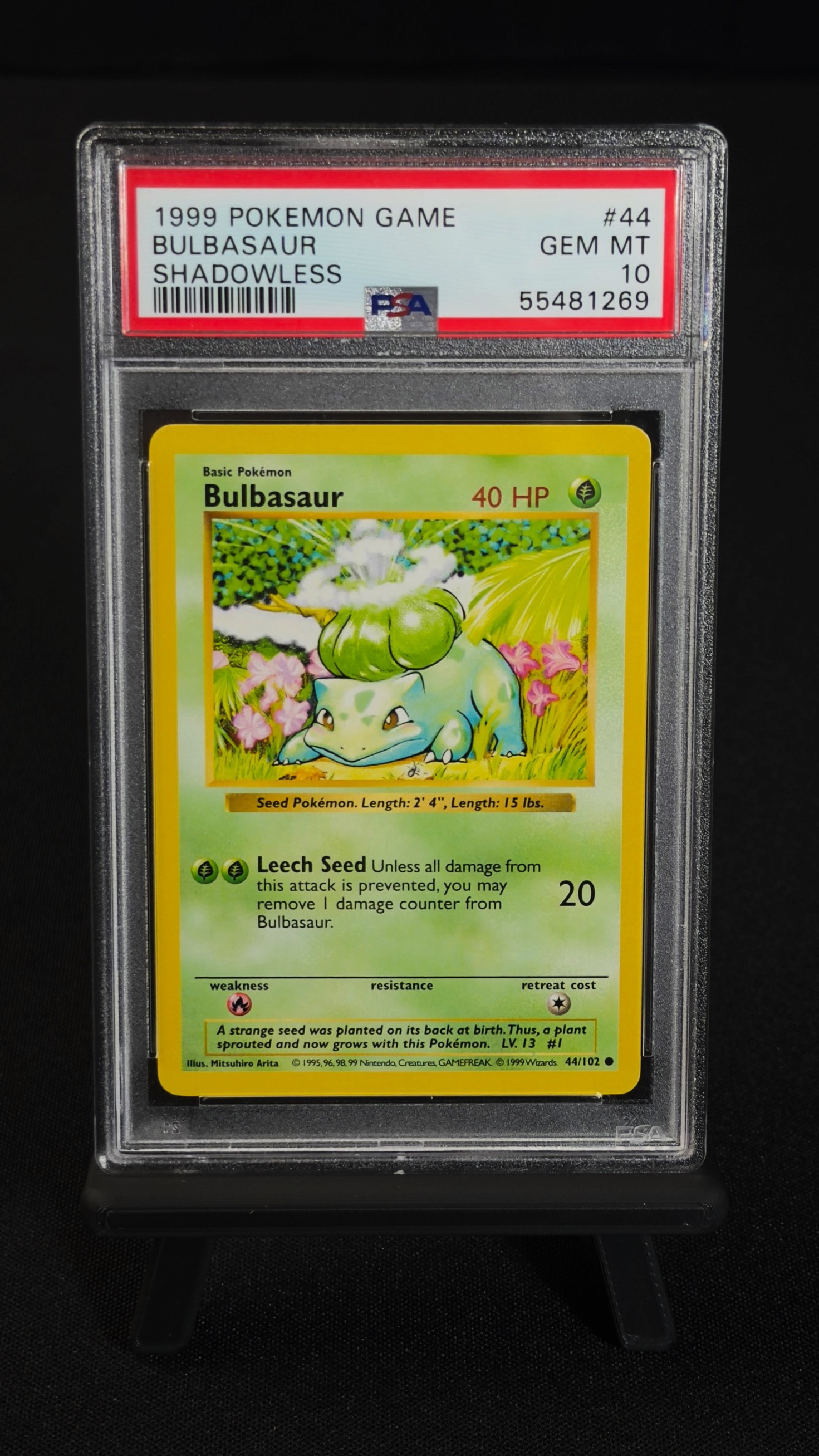 Bulbasaur 44/102 Shadowless – Base Set 1999 PSA 10, Bulbasaur