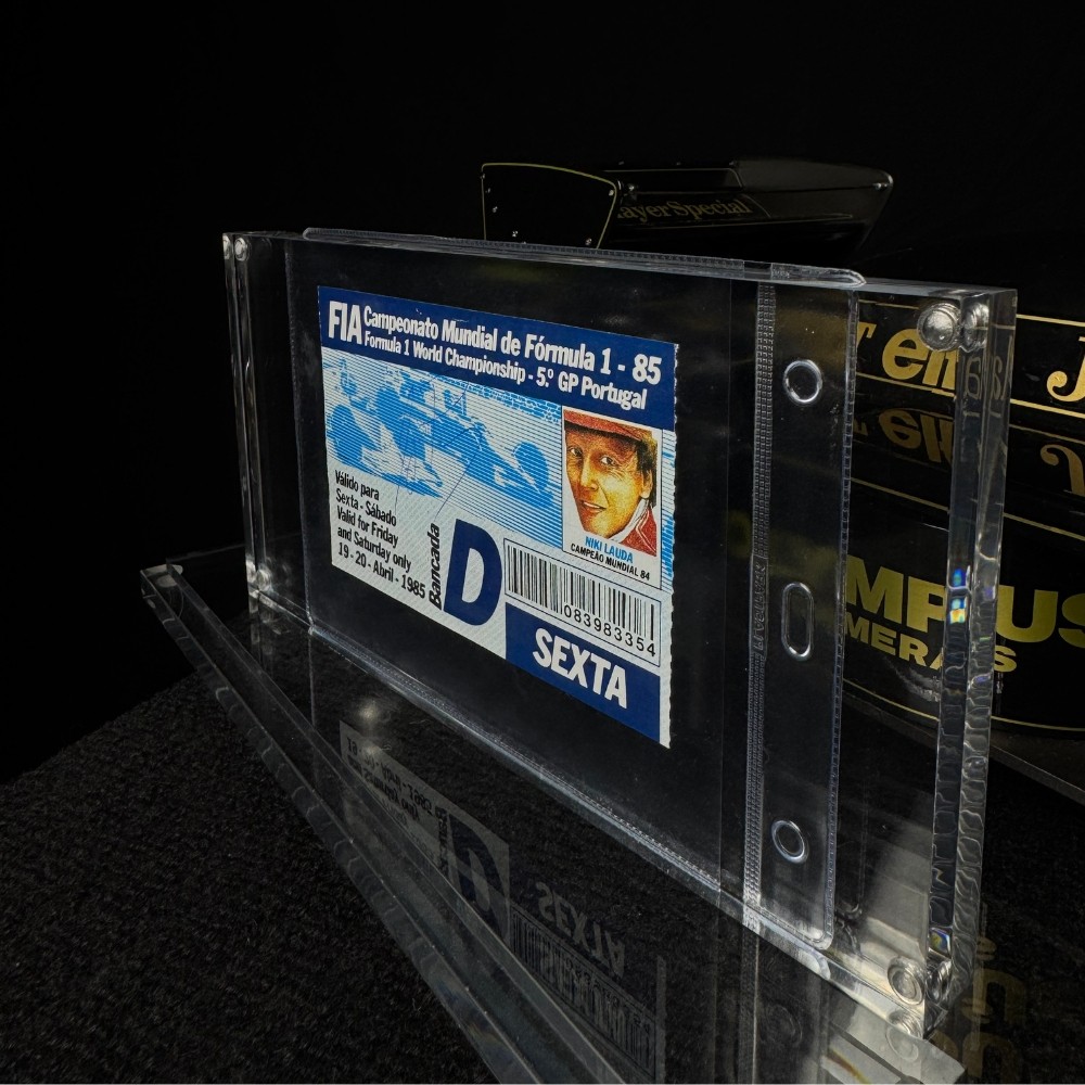 Ayrton Senna autógrafo – ingresso original do GP de Estoril de 1985, em Portugal, Ayrton Senna