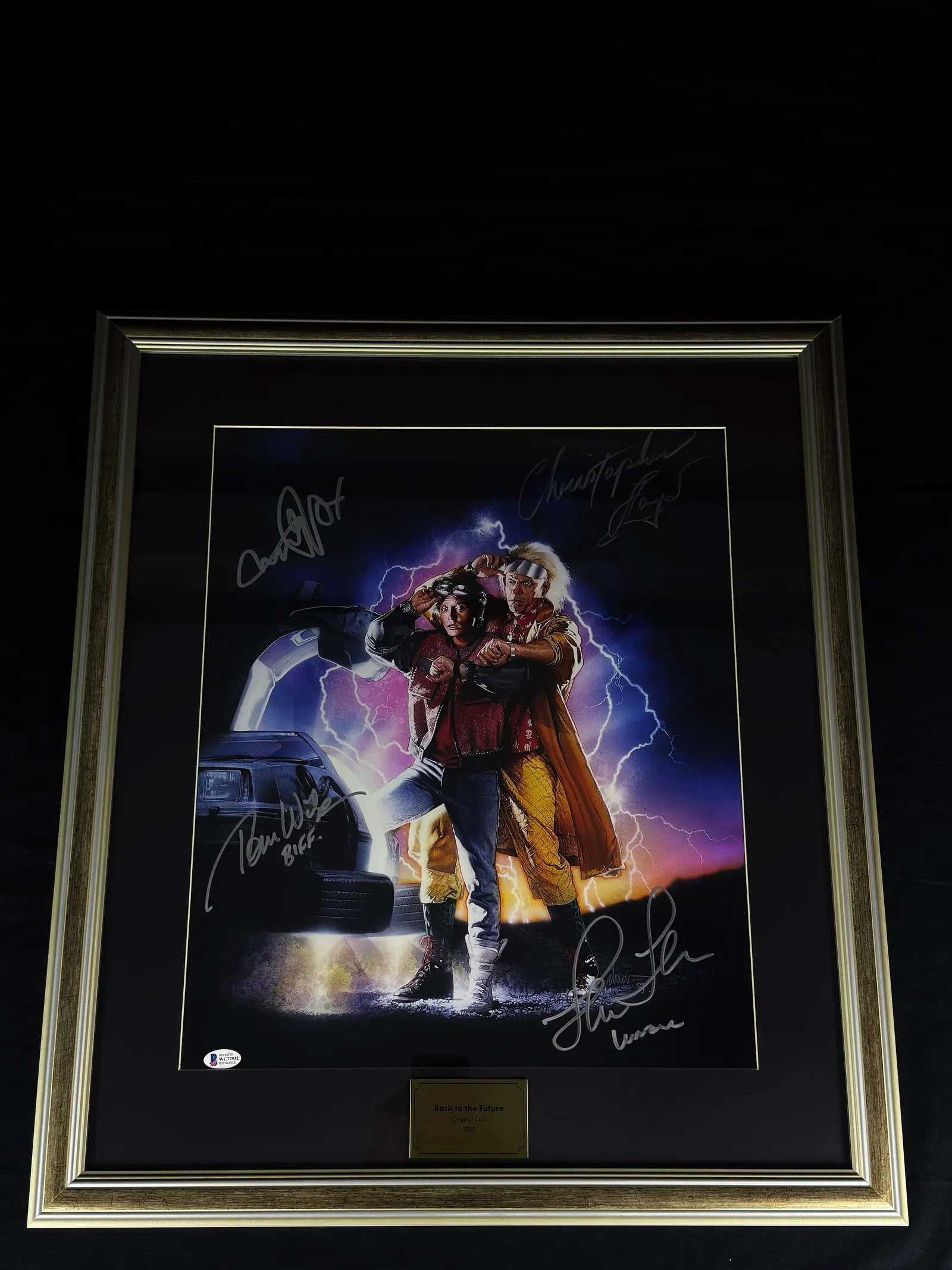 Michael J. Fox, Christopher Lloyd, Lea Thompson, Tom Wilson autógrafos – poster enquadrado "Back to the Future (1985)", Michael J. Fox, Christopher Lloyd, Lea Thompson e Tom Wilson