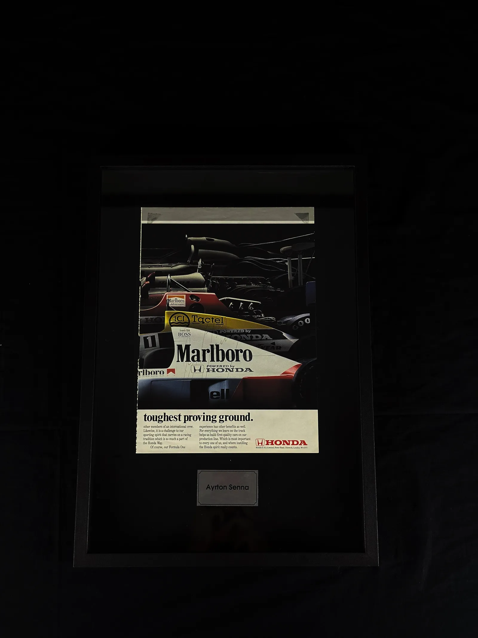 Ayrton Senna autógrafo – recorte emoldurado anúncio publicitário Honda (U.K.) Limited, Ayrton Senna