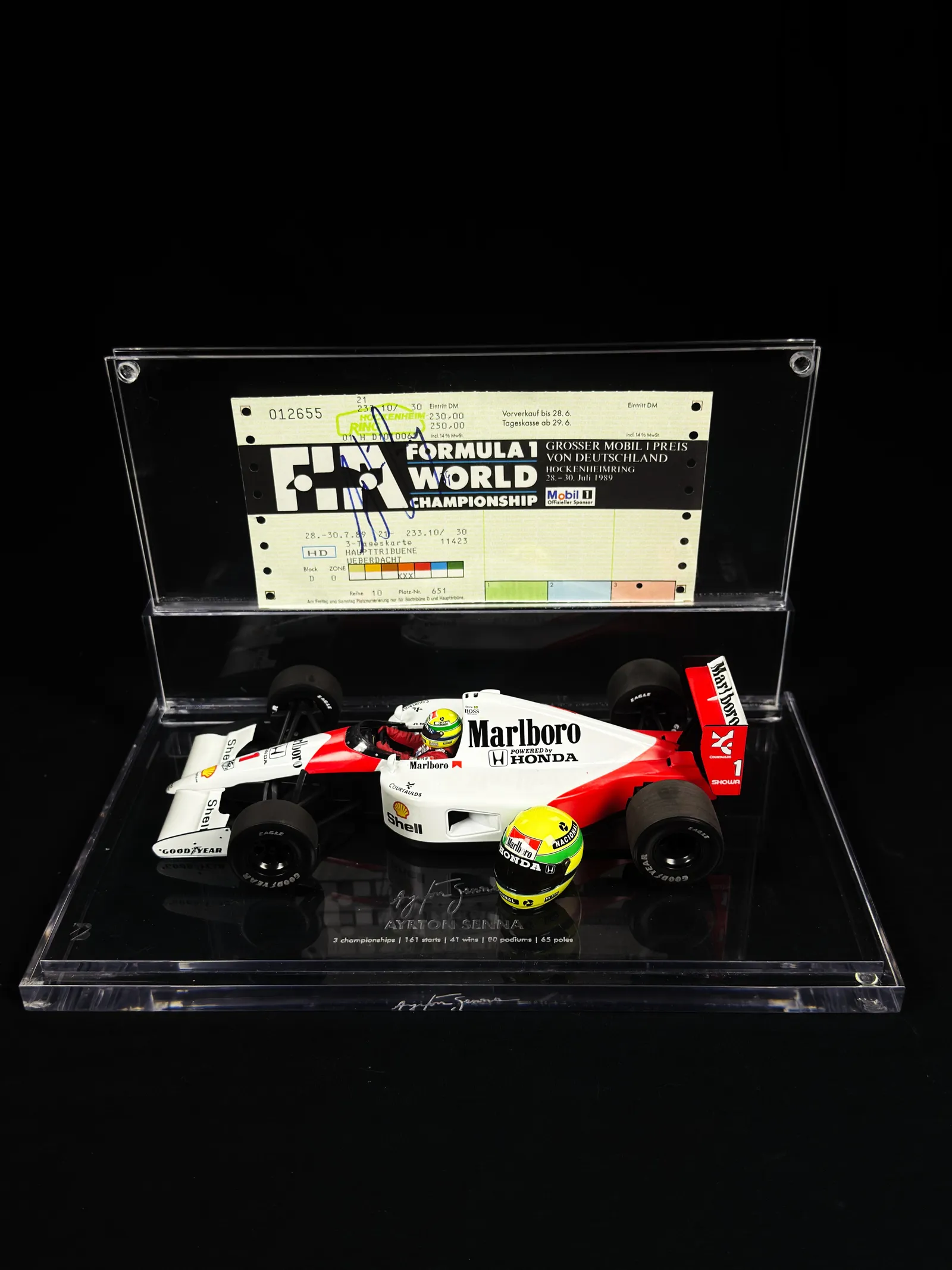 Ayrton Senna autógrafo – ingresso GP Alemanha 1989 + miniatura McLaren, Ayrton Senna