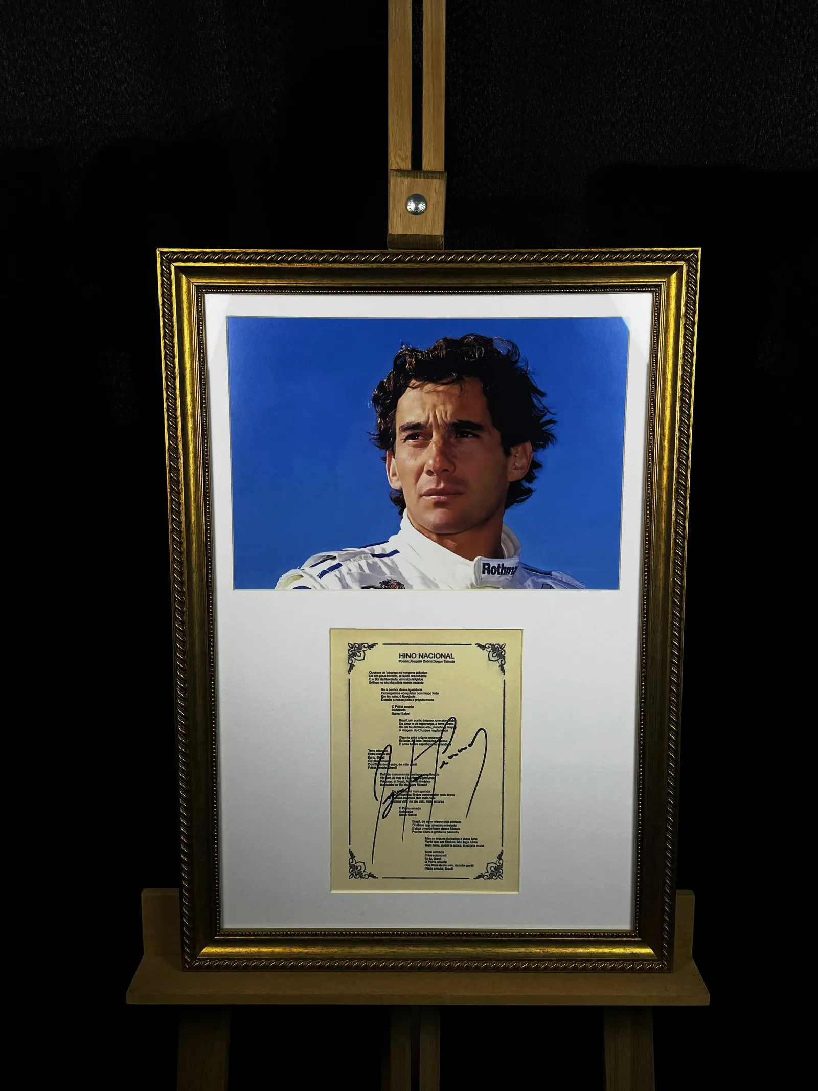 Ayrton Senna autógrafo na reprodução impressa do Hino Nacional – emoldurada, Ayrton Senna