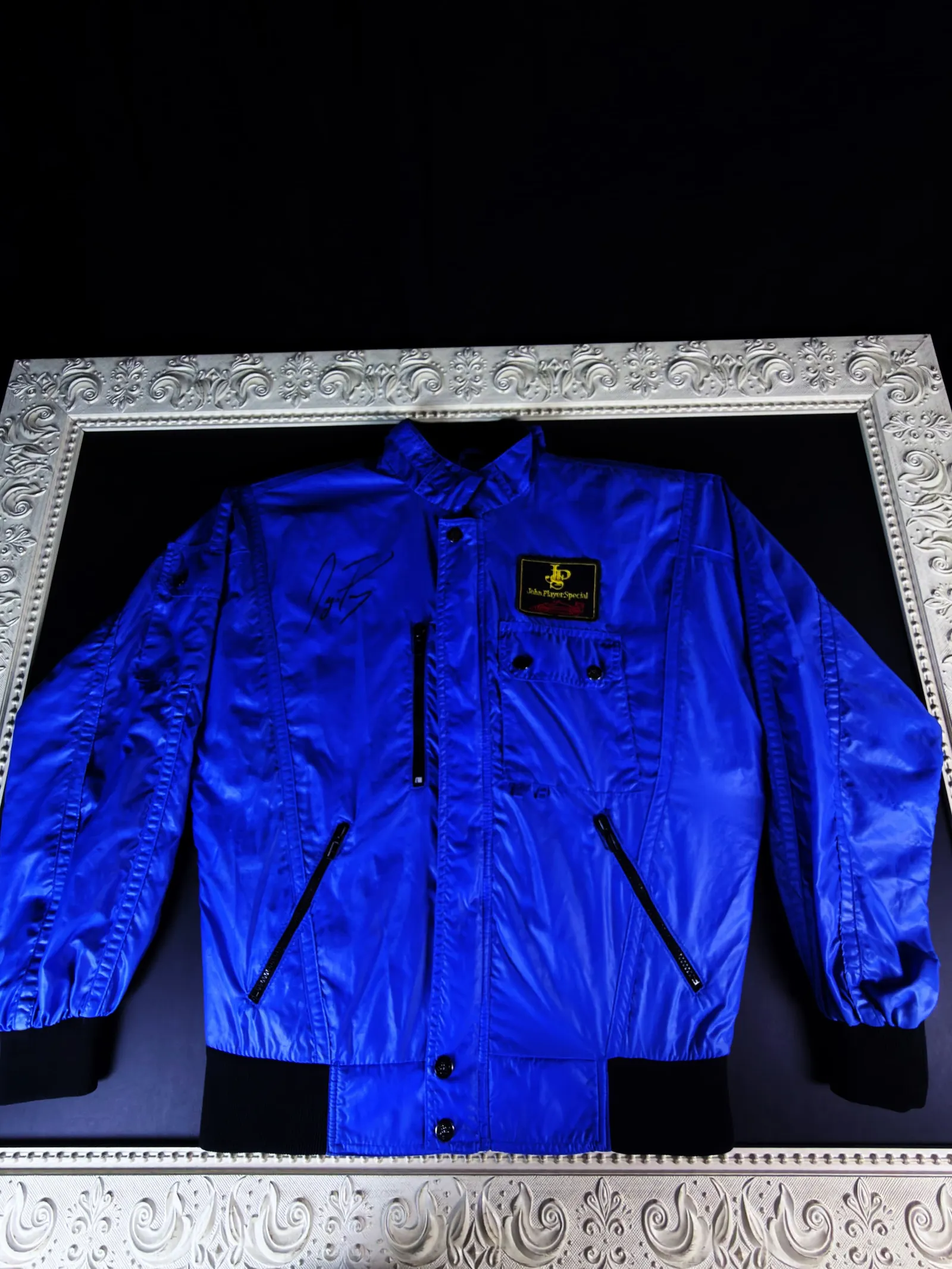 Ayrton Senna autógrafo – jaqueta azul John Player Special, emoldurada, Ayrton Senna